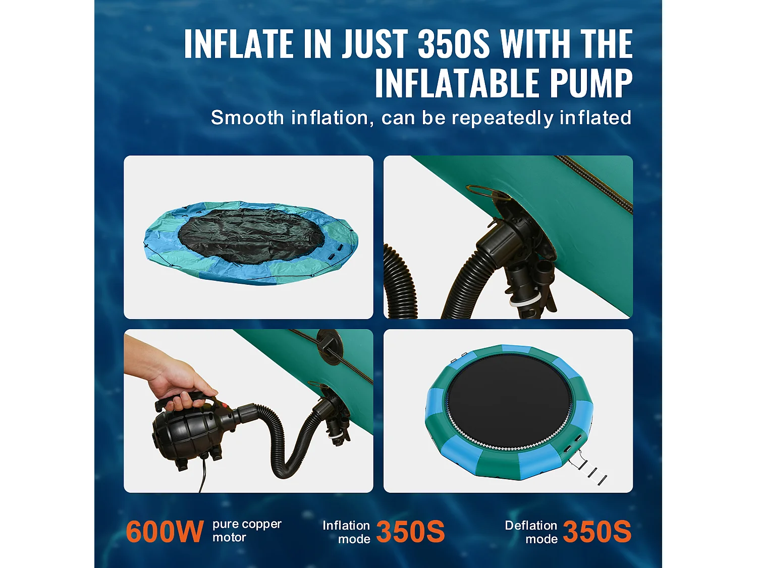 Trampoline Aquatique Gonflable SucceBuy 457 cm, Trampoline sur l’Eau 470x60 cm, Bleu-Vert