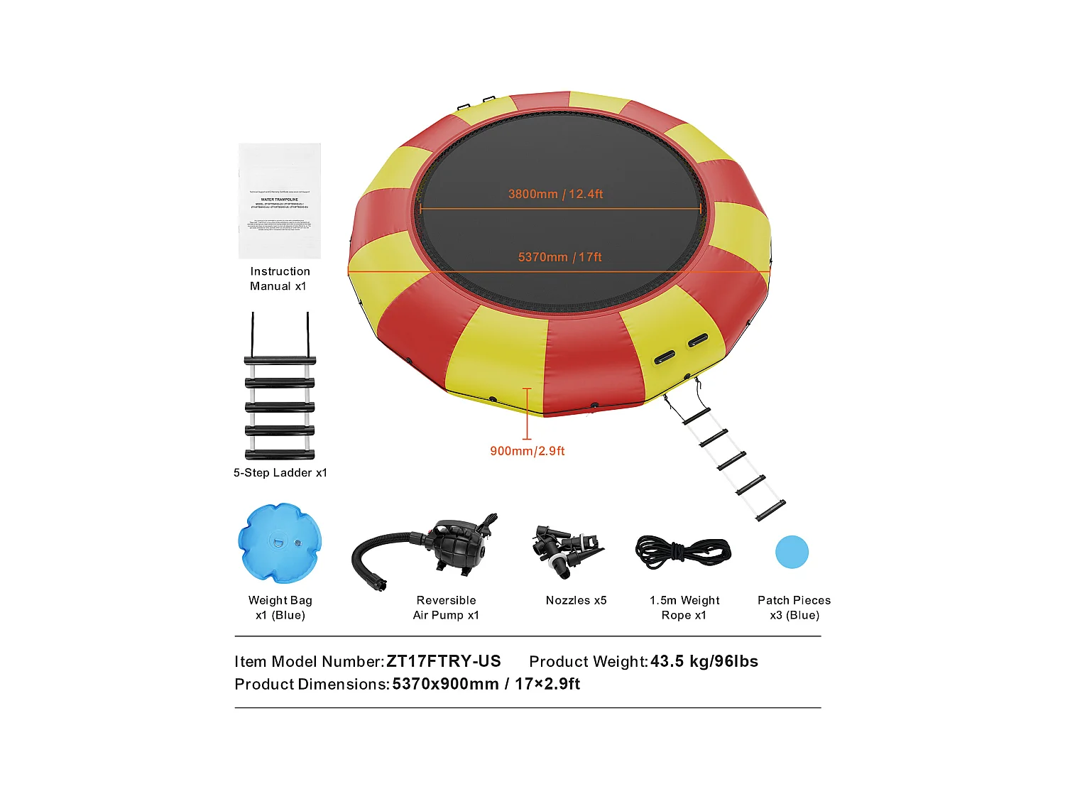 Trampoline Aquatique Gonflable SucceBuy 518 cm, Trampoline sur l’Eau 537x90 cm, Matériau PVC Durable