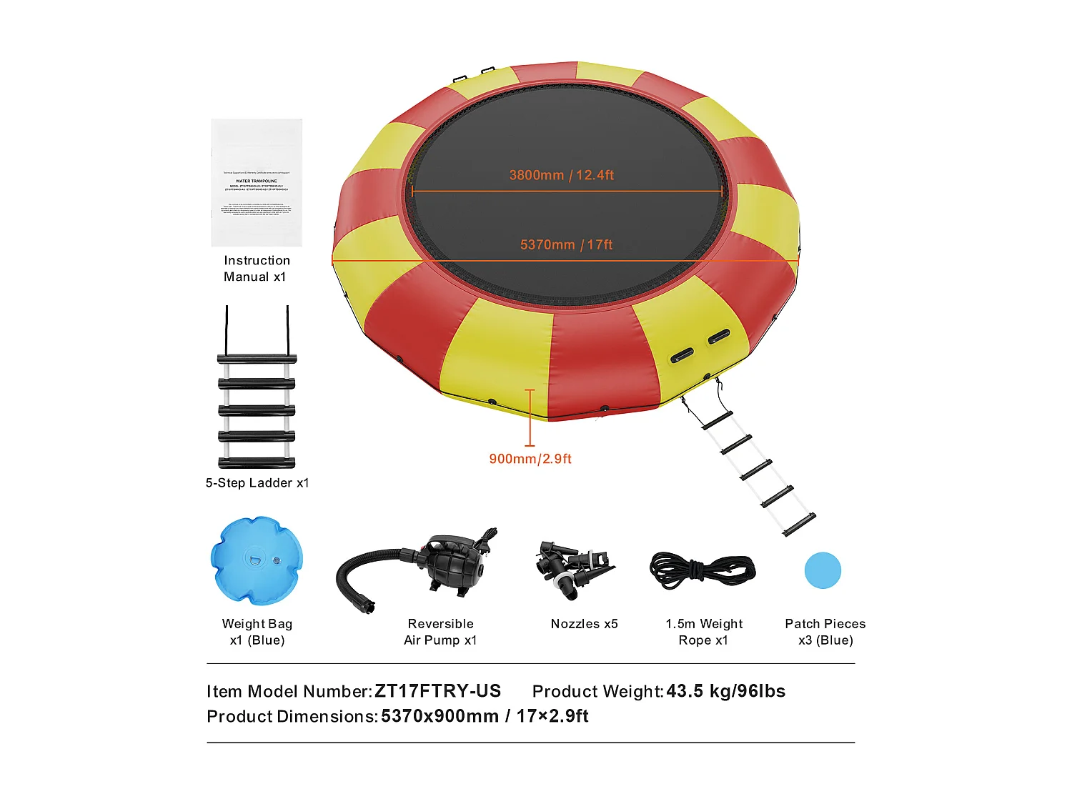Trampoline Aquatique Gonflable SucceBuy 518 cm, Trampoline sur l’Eau 537x90 cm, Matériau PVC Durable