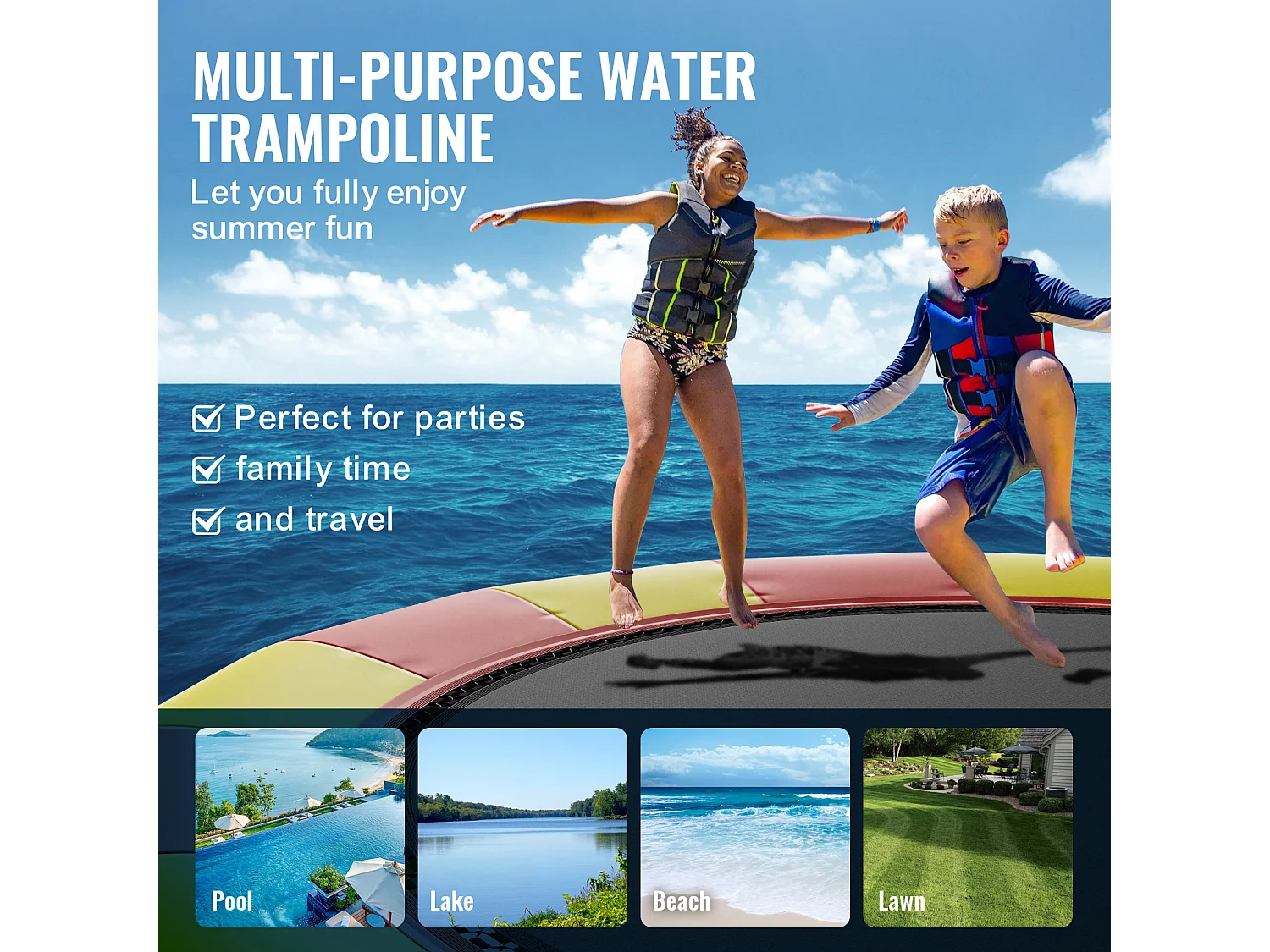 Trampoline Aquatique Gonflable SucceBuy 518 cm, Trampoline sur l’Eau 537x90 cm, Matériau PVC Durable