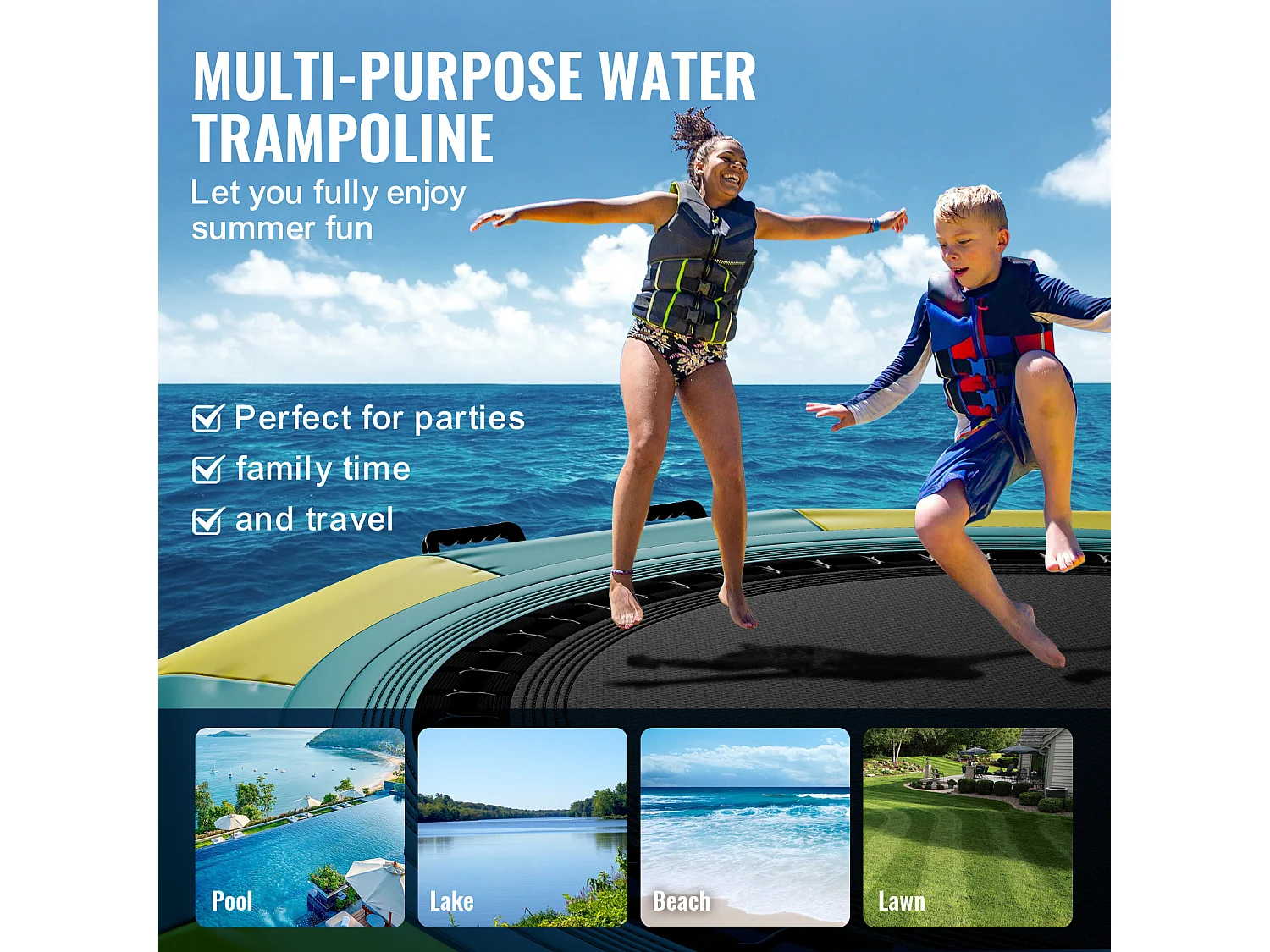 Trampoline Aquatique Gonflable SucceBuy 305 cm, Trampoline sur l’Eau 310x60 cm, Plate-forme de Natation