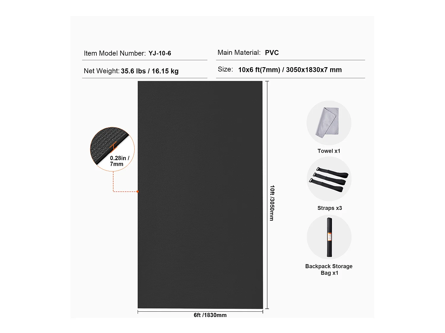 Yogamatte SucceBuy, Premium-Übematte, 3 x 1,8 m, Schwarz, für Yoga zu Hause, Pilates und Bodenarbeit