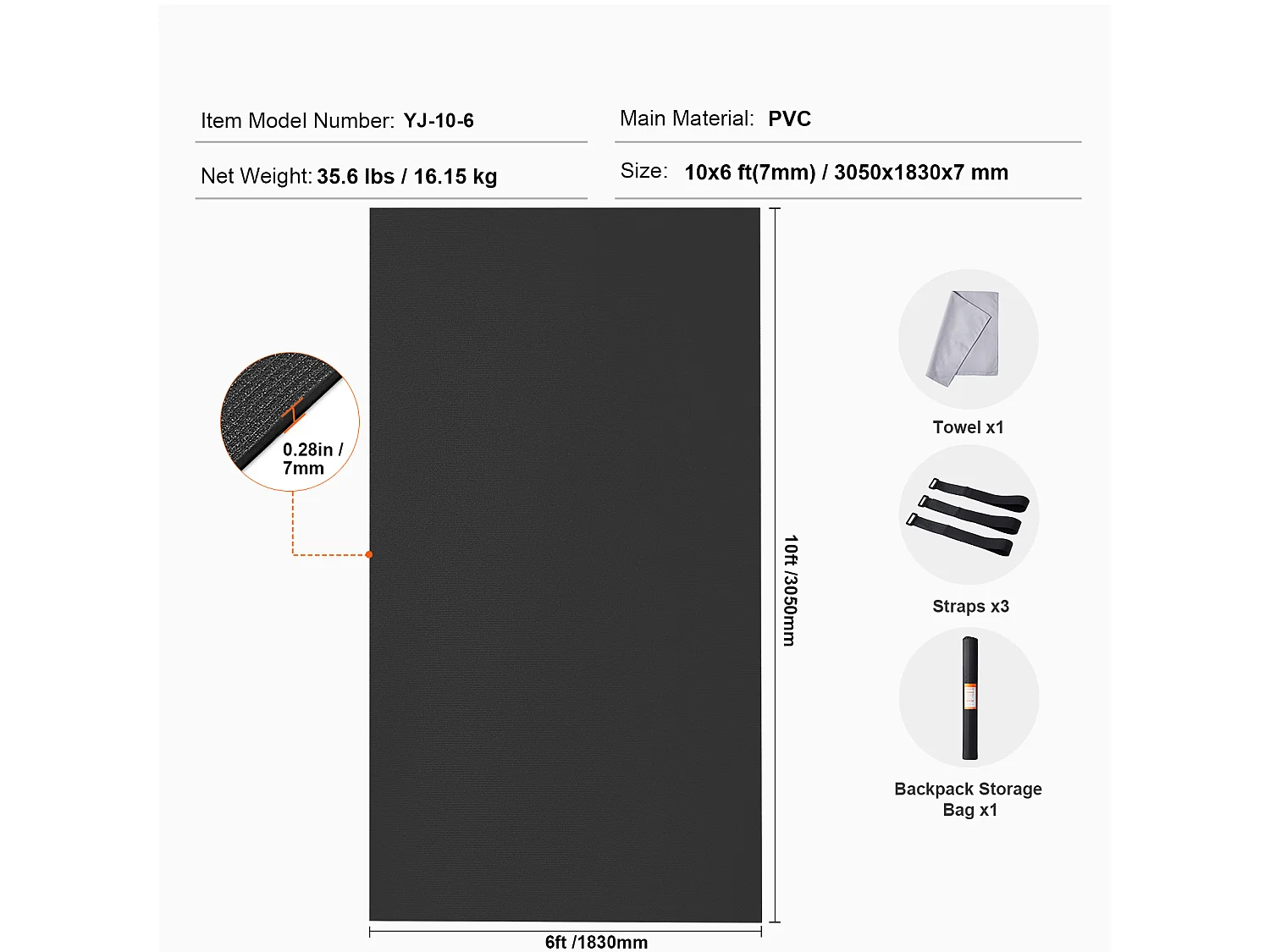 Yogamat SucceBuy, Premium Oefenmat, 3 x 1,8 m, Zwart, voor Yoga Thuis, Pilates en Bodentraining