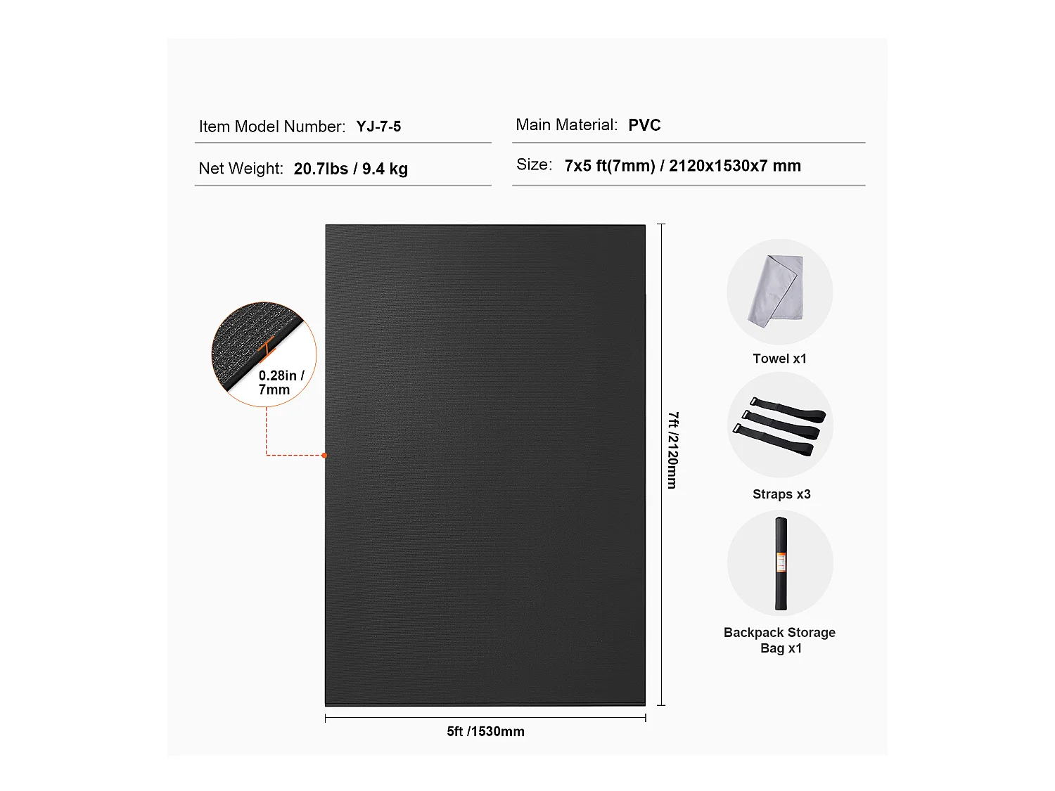 Yoga-Matte SucceBuy, Anti-Rutsch-Yoga-Matte, 2,1 x 1,5 m, für Fitness und Pilates, Schwarz