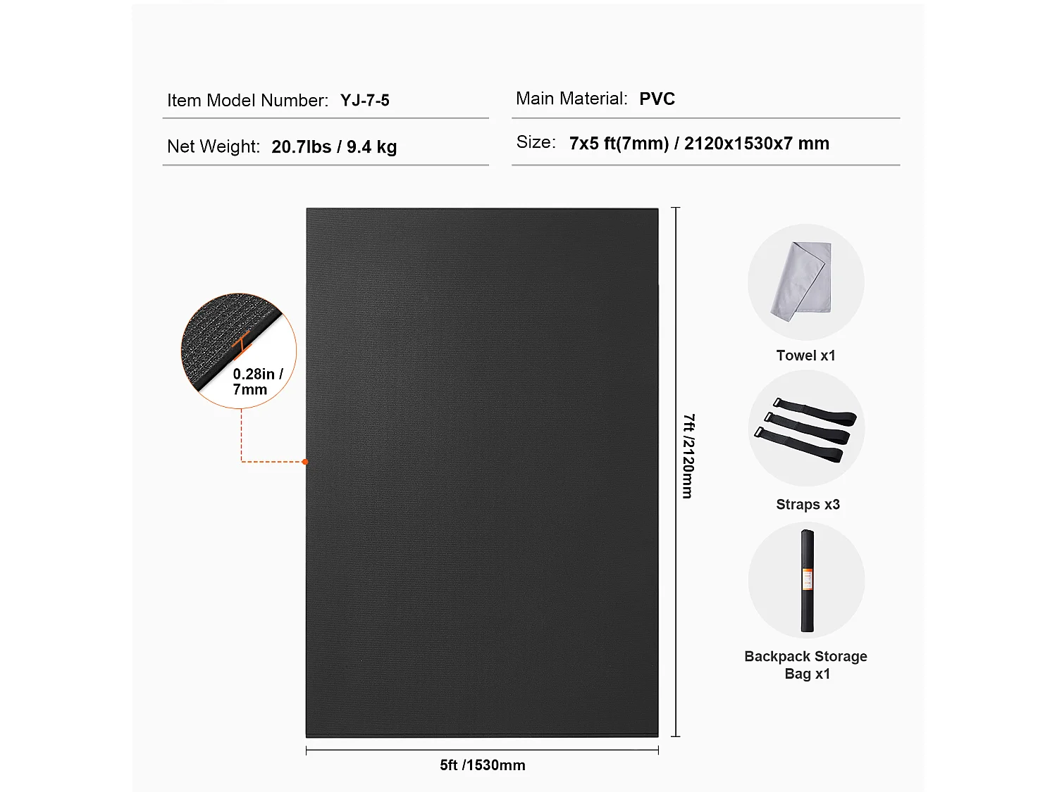 Tapis de Yoga SucceBuy, Tapis de Yoga Antidérapant, 2,1 x 1,5 m, pour Fitness et Pilates, Noir