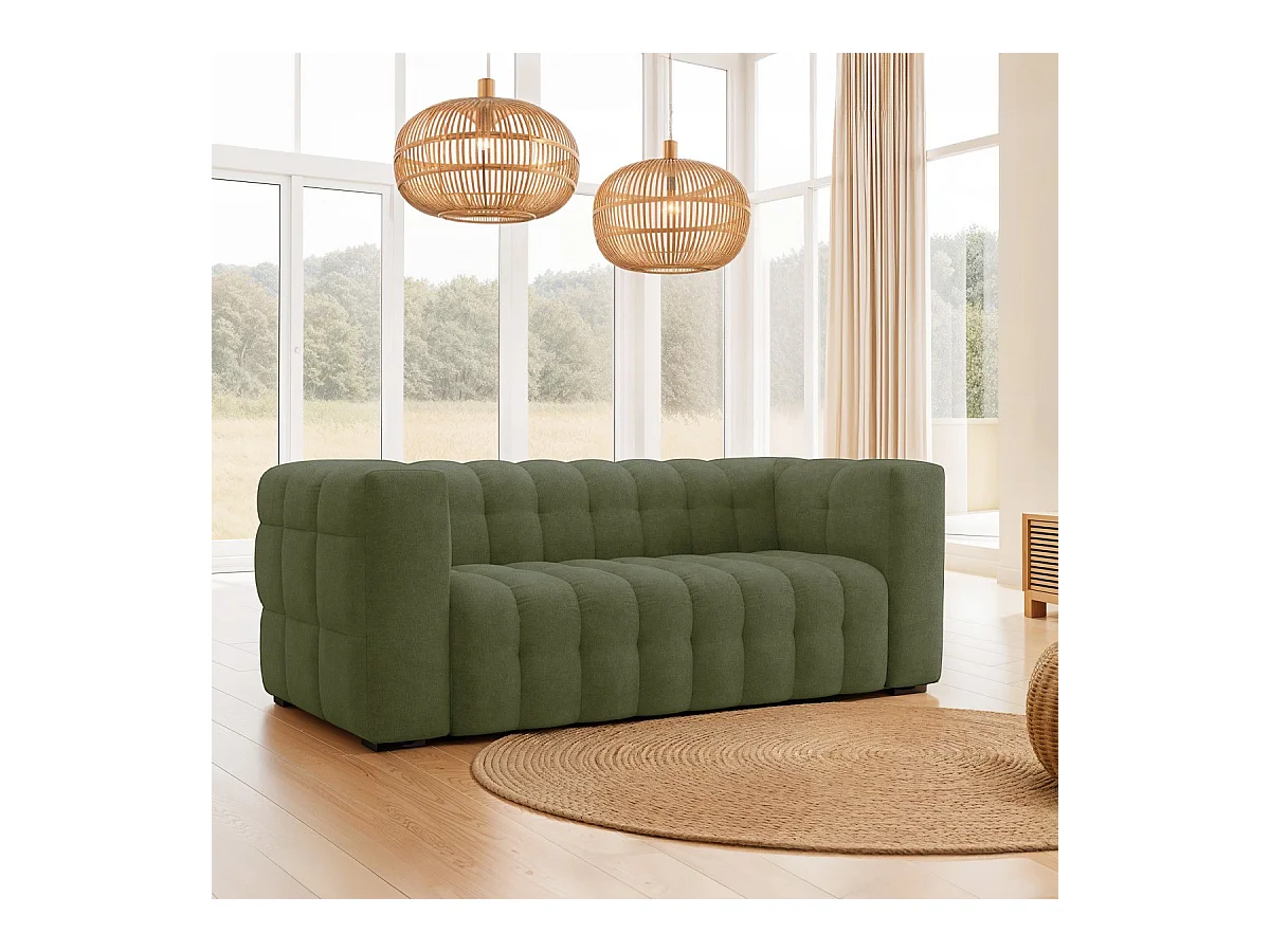 Canapé capitonné 3 places en tissu chenille vert olive - Cester