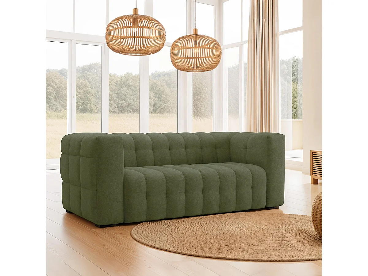 Canapé capitonné 3 places en tissu chenille vert olive - Cester