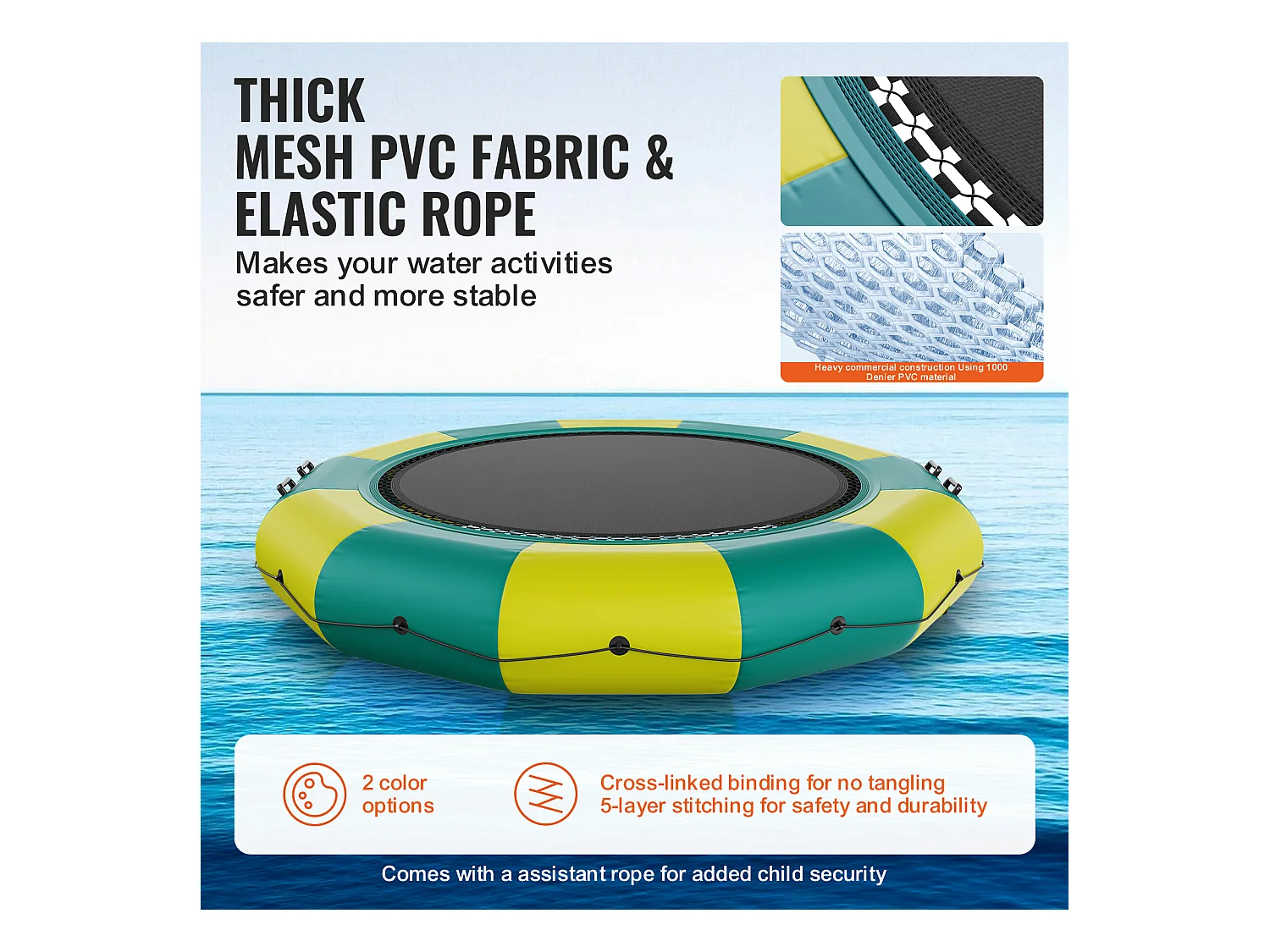 Trampoline Aquatique Gonflable SucceBuy 367 cm, Trampoline sur l’Eau 367 x 60 cm, PVC, Jaune-Vert
