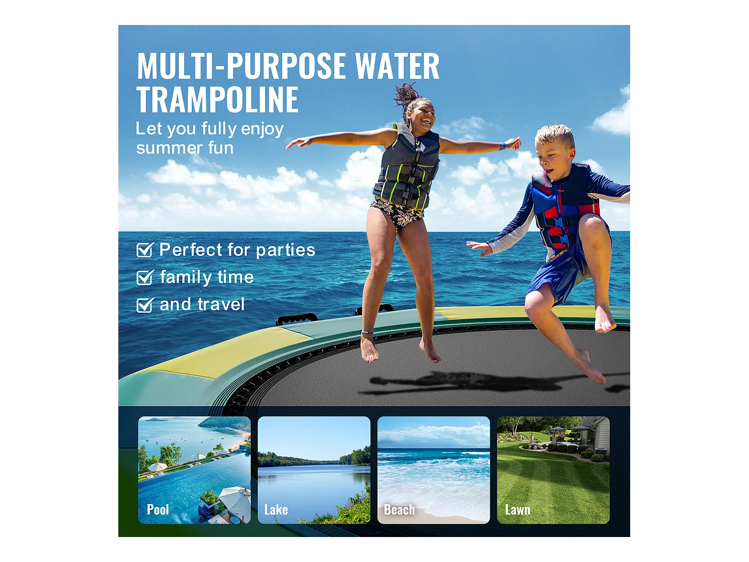 Trampoline Aquatique Gonflable SucceBuy 367 cm, Trampoline sur l’Eau 367 x 60 cm, PVC, Jaune-Vert