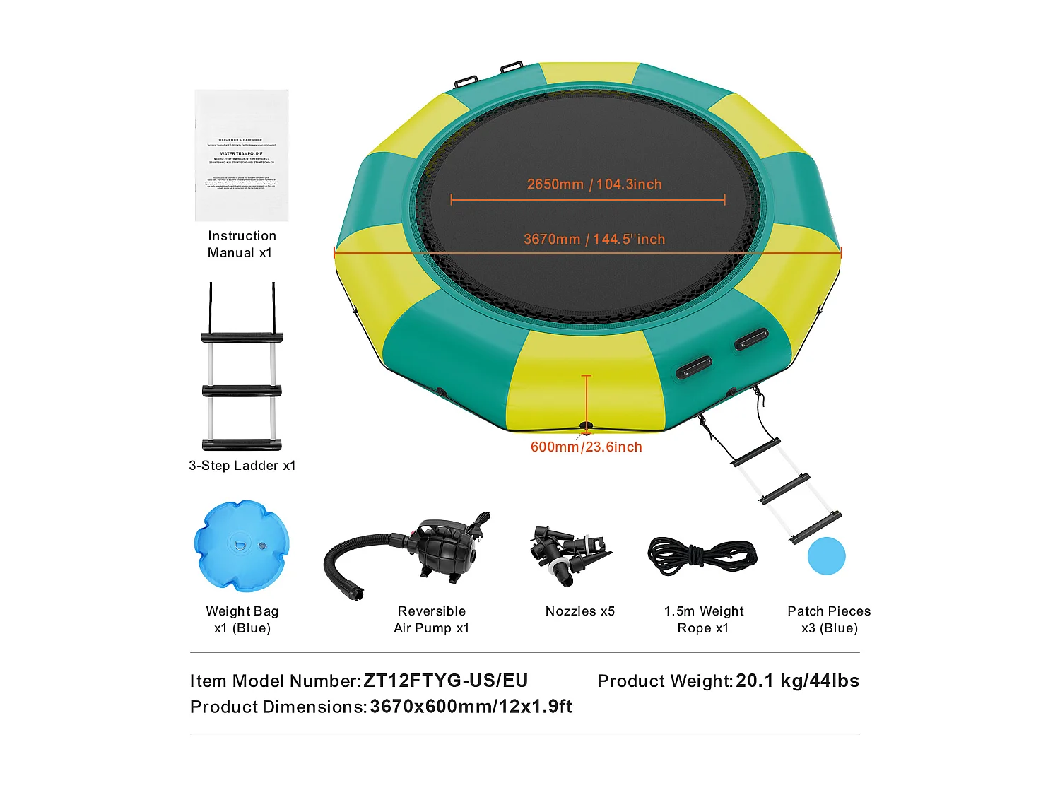 Trampoline Aquatique Gonflable SucceBuy 367 cm, Trampoline sur l’Eau 367 x 60 cm, PVC, Jaune-Vert