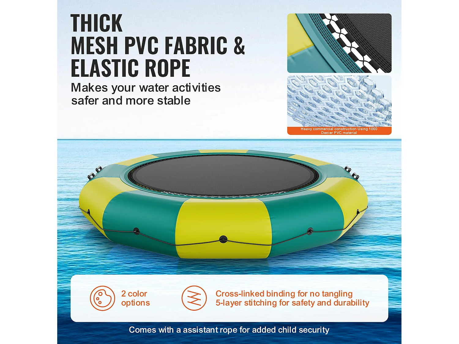 Trampoline Aquatique Gonflable SucceBuy 367 cm, Trampoline sur l’Eau 367 x 60 cm, PVC, Jaune-Vert