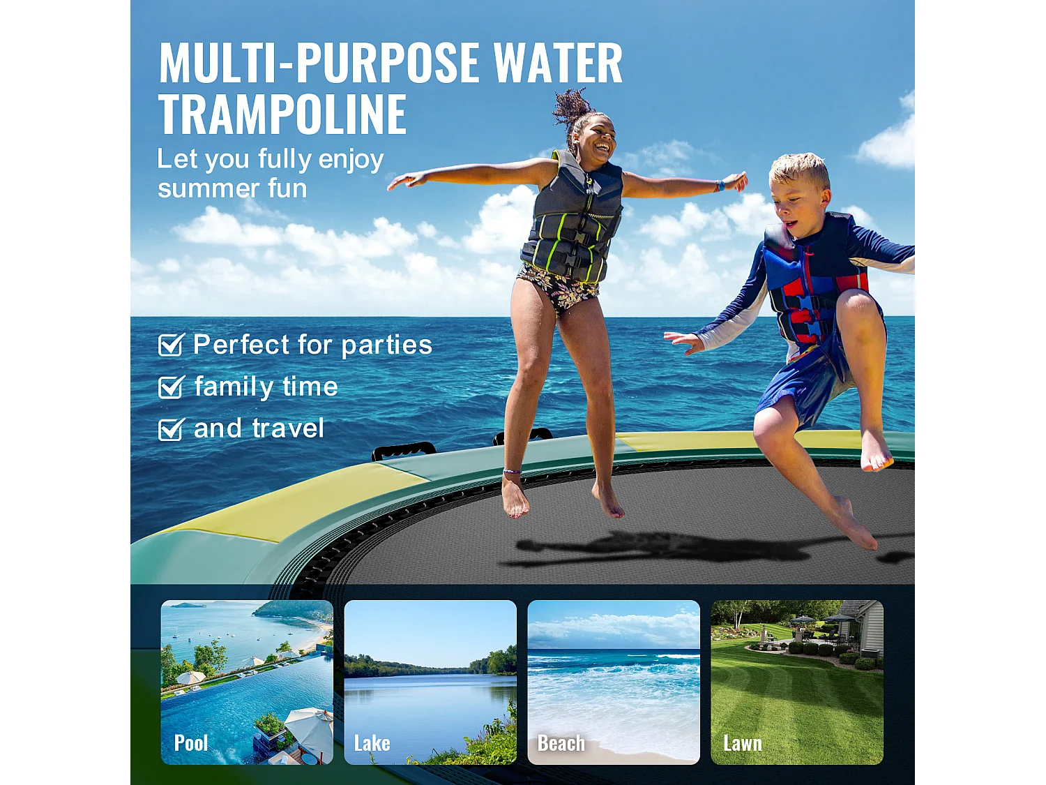 Trampoline Aquatique Gonflable SucceBuy 367 cm, Trampoline sur l’Eau 367 x 60 cm, PVC, Jaune-Vert