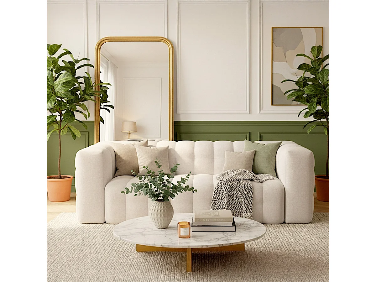 Canapé capitonné 3 places en tissu chenille beige - Cester