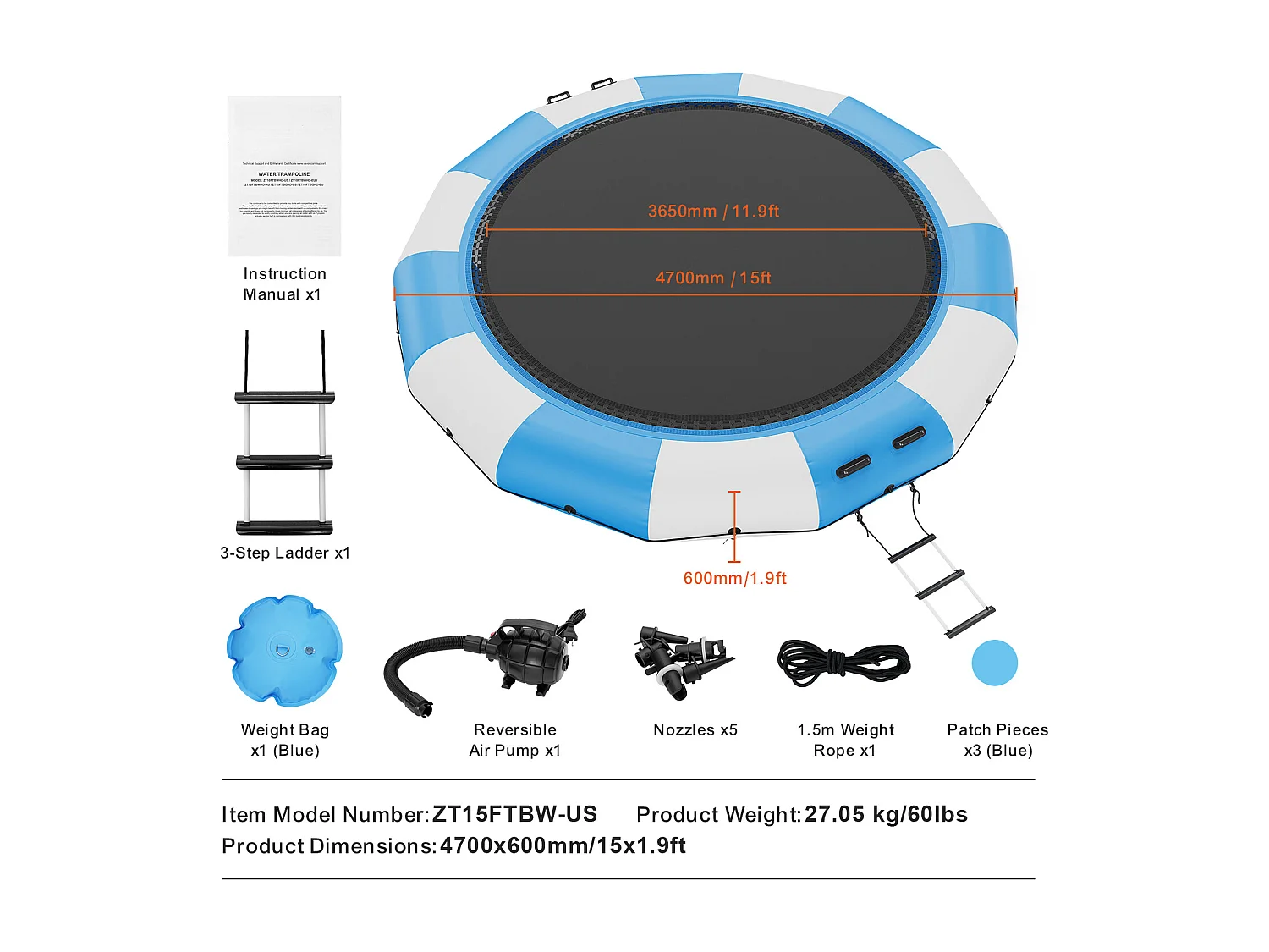 Trampoline Aquatique Gonflable SucceBuy 457 cm, Trampoline sur l’Eau 470x60 cm, Bleu-Blanc
