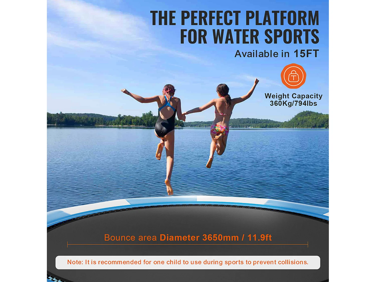 Trampoline Aquatique Gonflable SucceBuy 457 cm, Trampoline sur l’Eau 470x60 cm, Bleu-Blanc