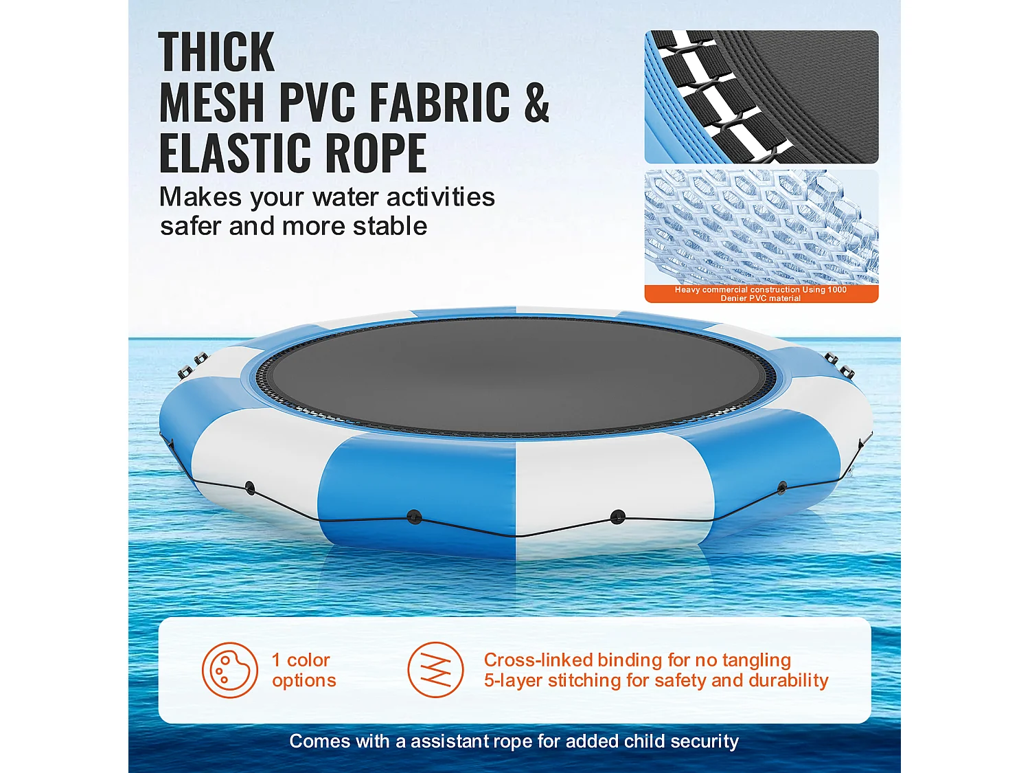 Trampoline Aquatique Gonflable SucceBuy 457 cm, Trampoline sur l’Eau 470x60 cm, Bleu-Blanc