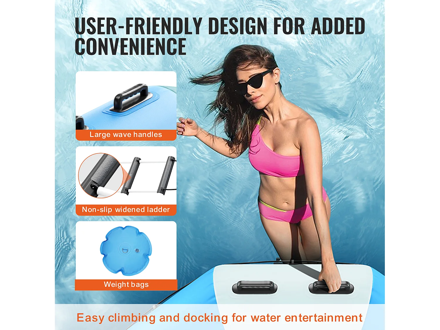 Trampoline Aquatique Gonflable SucceBuy 457 cm, Trampoline sur l’Eau 470x60 cm, Bleu-Blanc