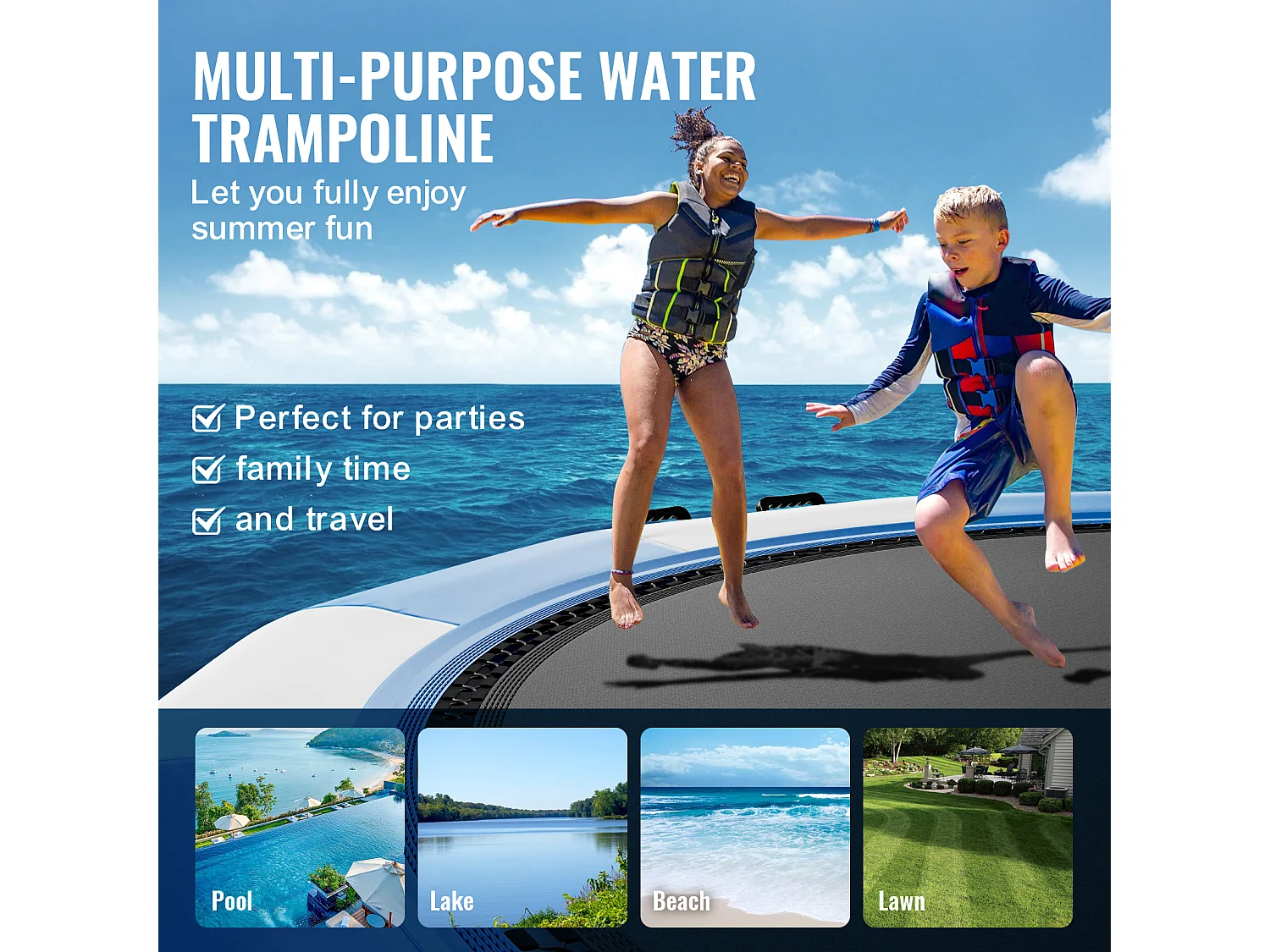 Trampoline Aquatique Gonflable SucceBuy 457 cm, Trampoline sur l’Eau 470x60 cm, Bleu-Blanc