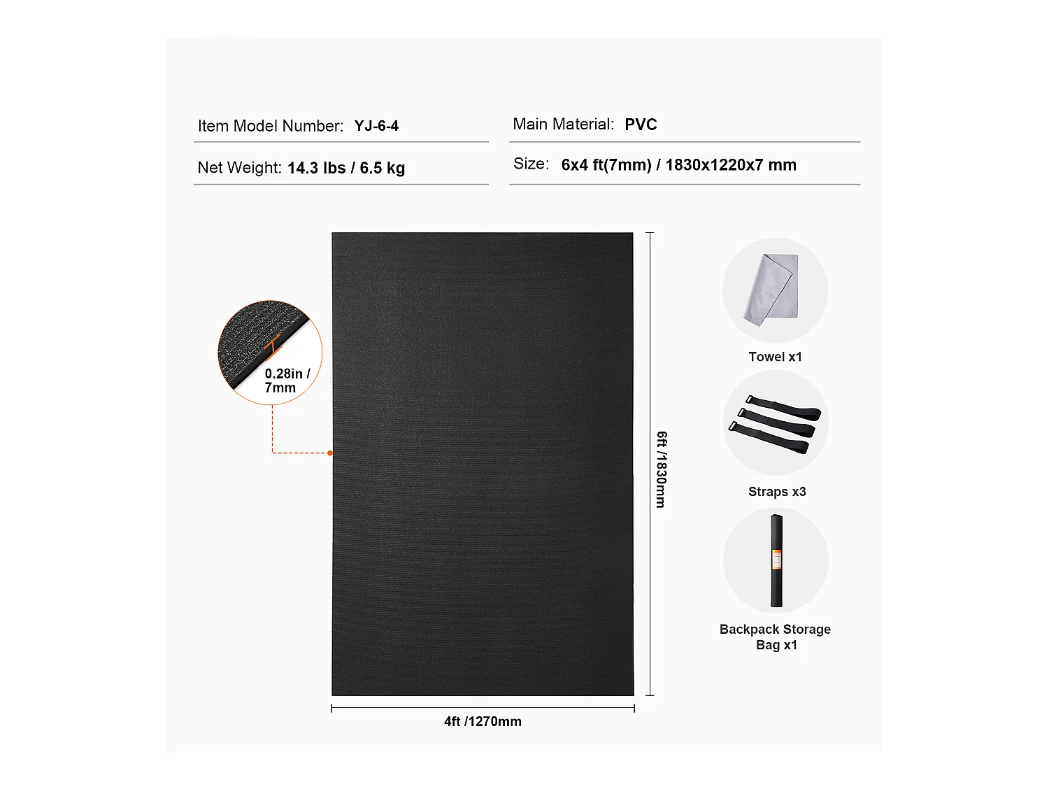 Tapis de Yoga SucceBuy, Tapis d'Exercice Antidérapant, 1,2 X 1,8 m, pour Hommes et Femmes, Noir