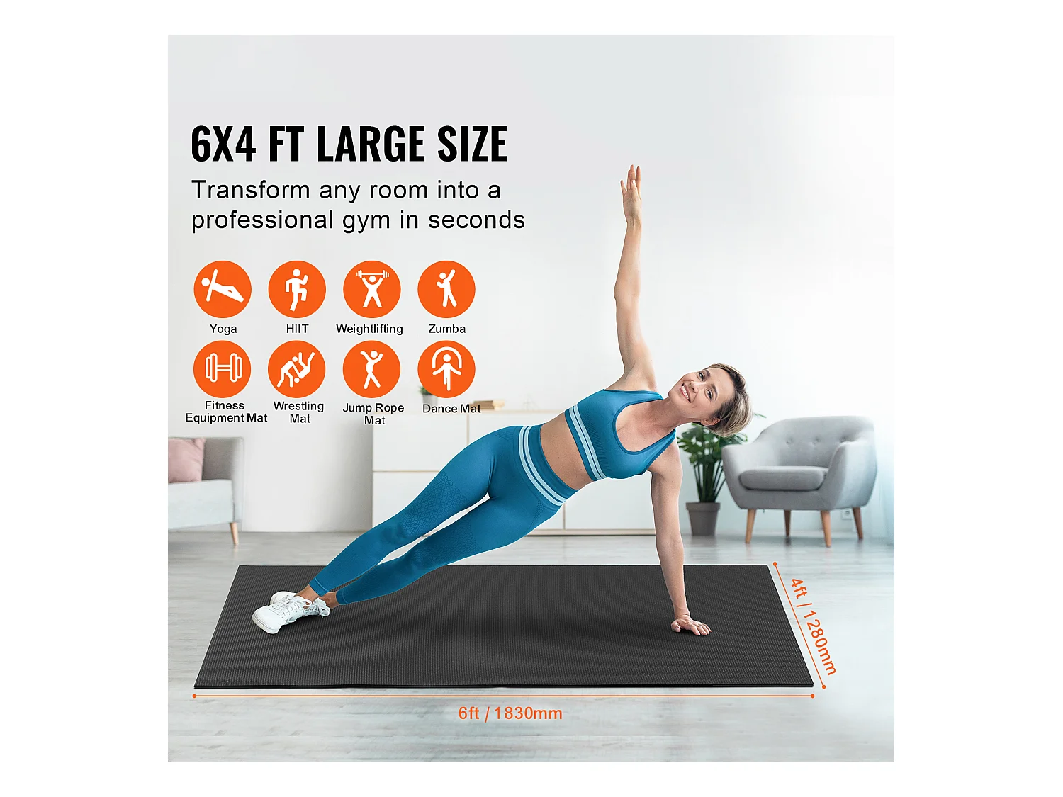 Tapis de Yoga SucceBuy, Tapis d'Exercice Antidérapant, 1,2 X 1,8 m, pour Hommes et Femmes, Noir