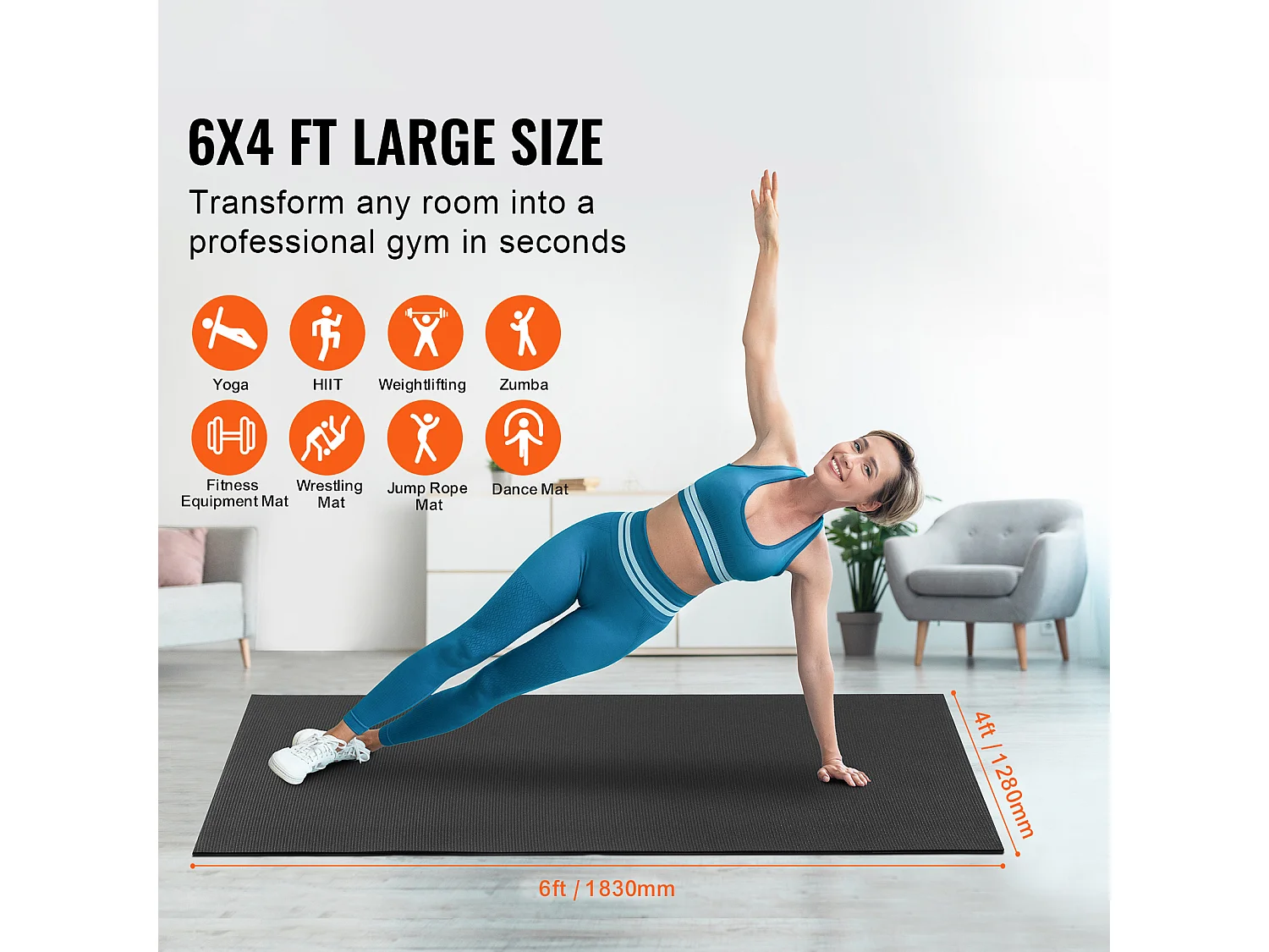 Tapis de Yoga SucceBuy, Tapis d'Exercice Antidérapant, 1,2 X 1,8 m, pour Hommes et Femmes, Noir