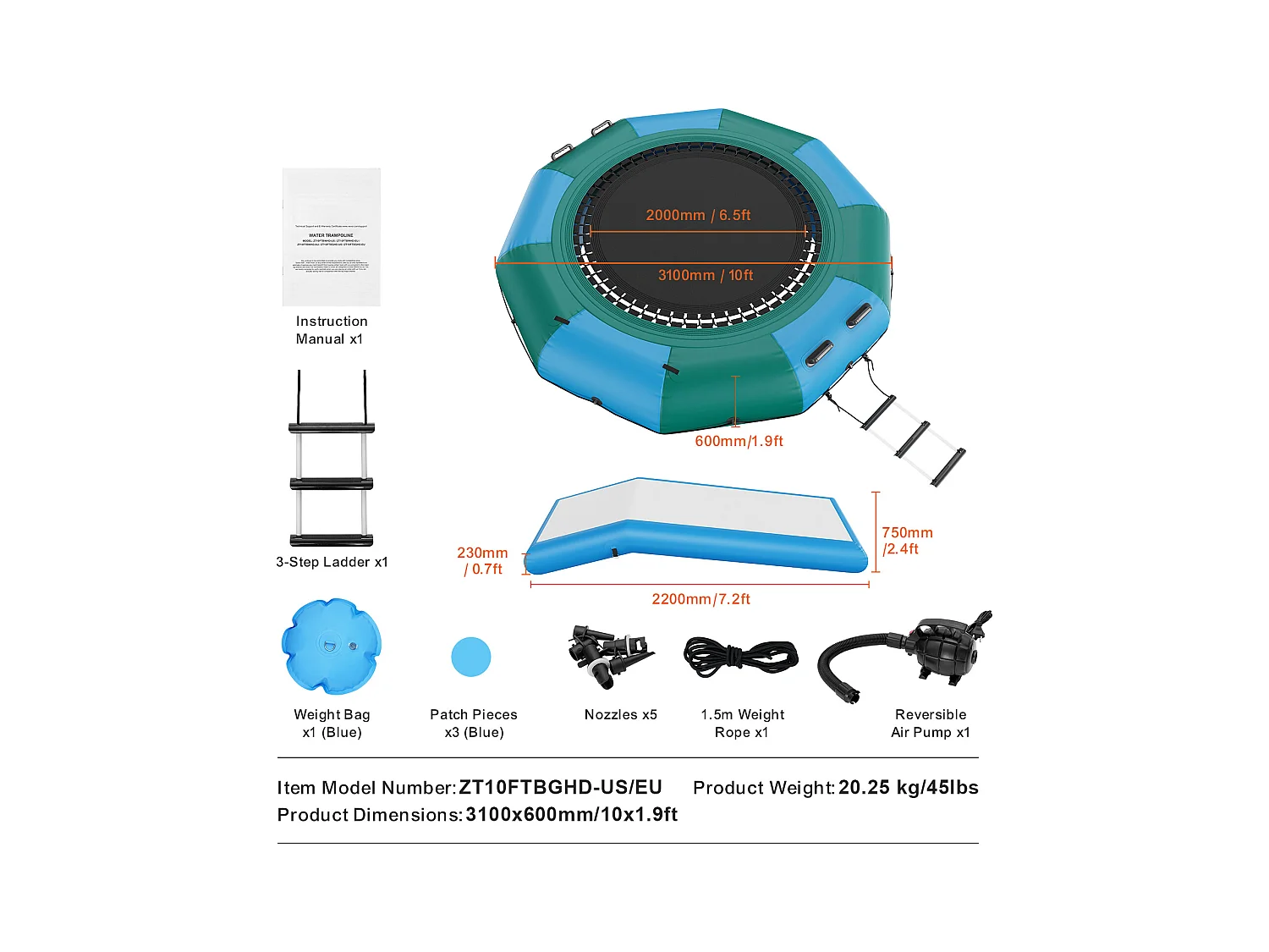 Trampoline Aquatique Gonflable SucceBuy, Trampoline sur l’Eau, 305 cm, 310x60 cm, 20,25 kg, avec Toboggan, pour Enfants