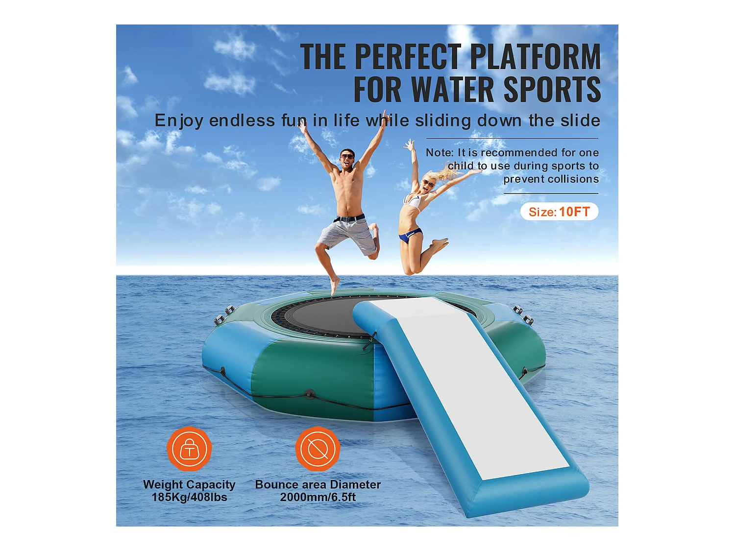 Trampoline Aquatique Gonflable SucceBuy, Trampoline sur l’Eau, 305 cm, 310x60 cm, 20,25 kg, avec Toboggan, pour Enfants