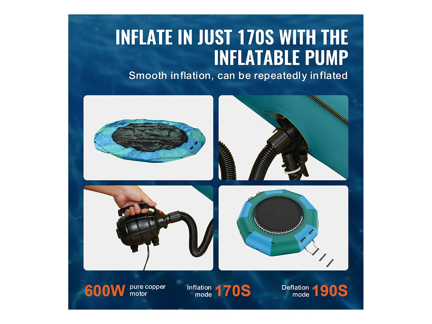 Trampoline Aquatique Gonflable SucceBuy, Trampoline sur l’Eau, 305 cm, 310x60 cm, 20,25 kg, avec Toboggan, pour Enfants