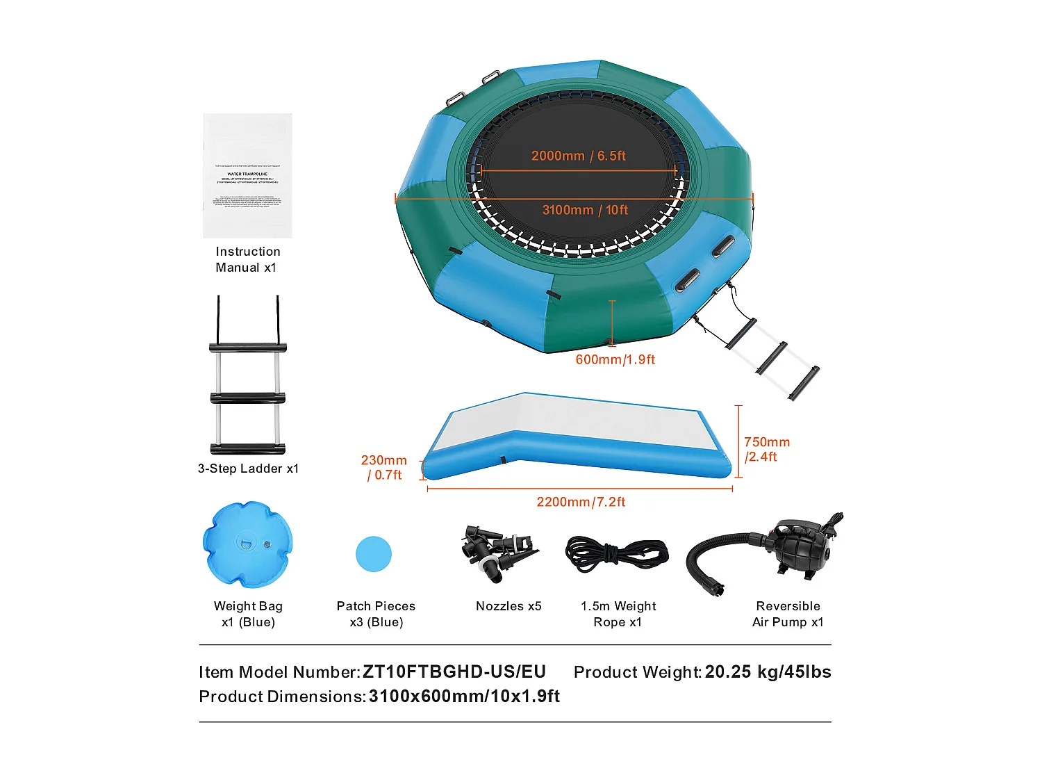 Trampoline Aquatique Gonflable SucceBuy, Trampoline sur l’Eau, 305 cm, 310x60 cm, 20,25 kg, avec Toboggan, pour Enfants