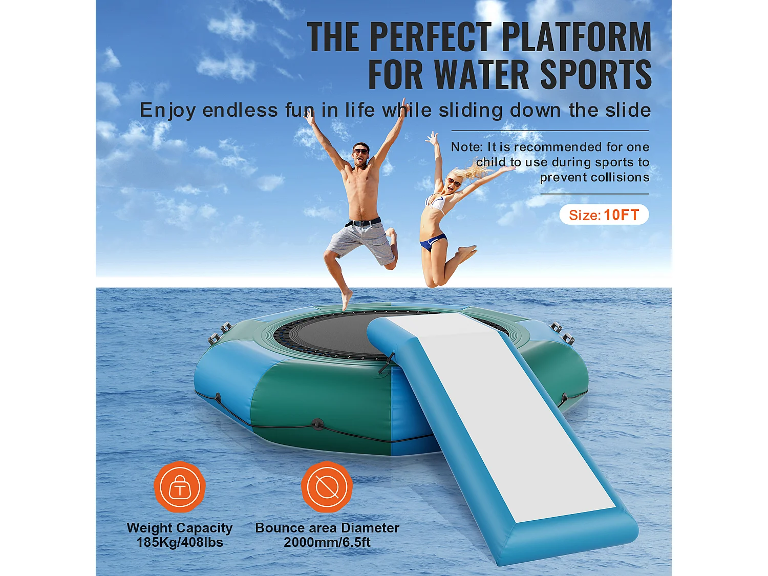 Trampoline Aquatique Gonflable SucceBuy, Trampoline sur l’Eau, 305 cm, 310x60 cm, 20,25 kg, avec Toboggan, pour Enfants