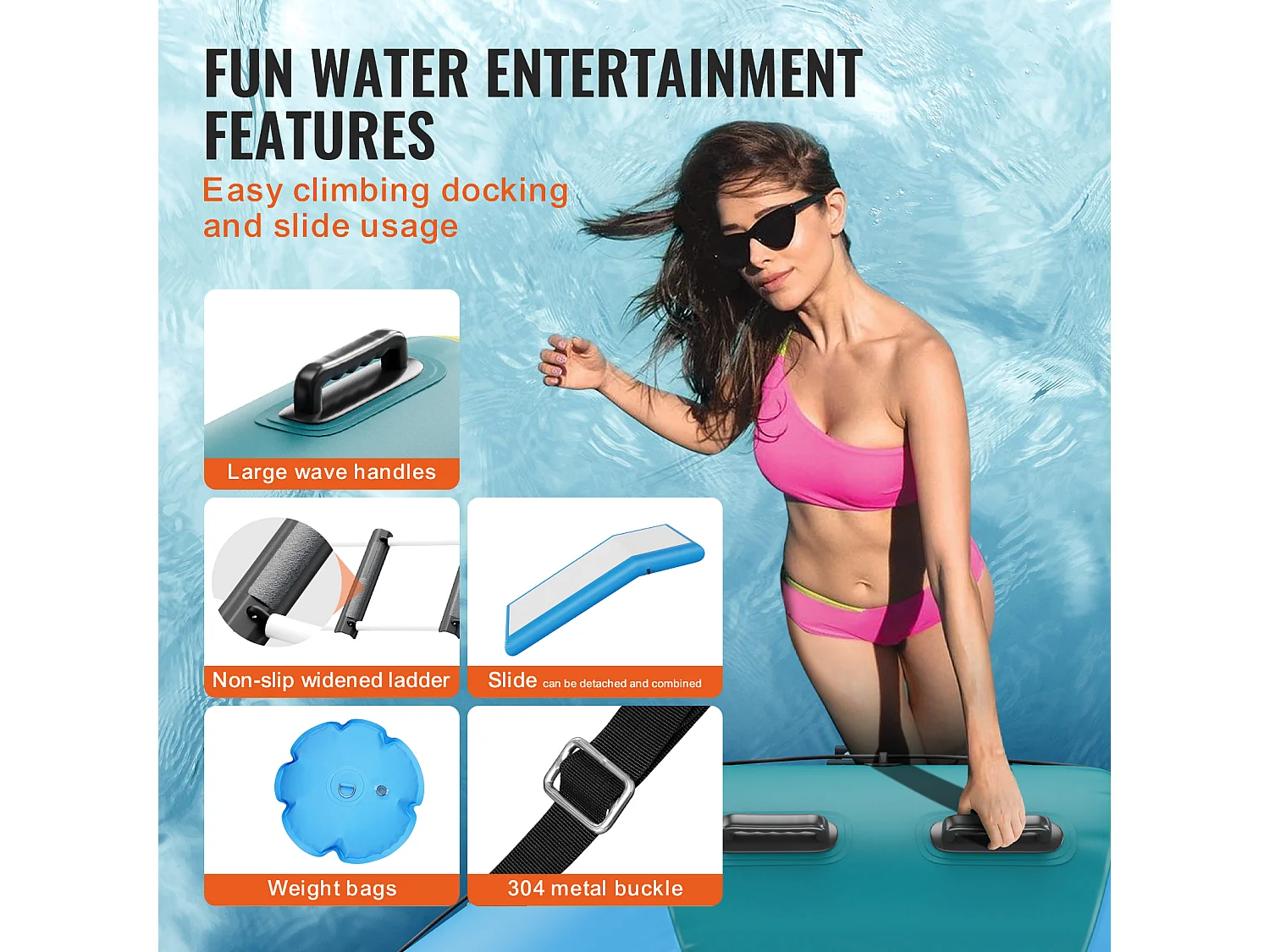 Trampoline Aquatique Gonflable SucceBuy, Trampoline sur l’Eau, 305 cm, 310x60 cm, 20,25 kg, avec Toboggan, pour Enfants