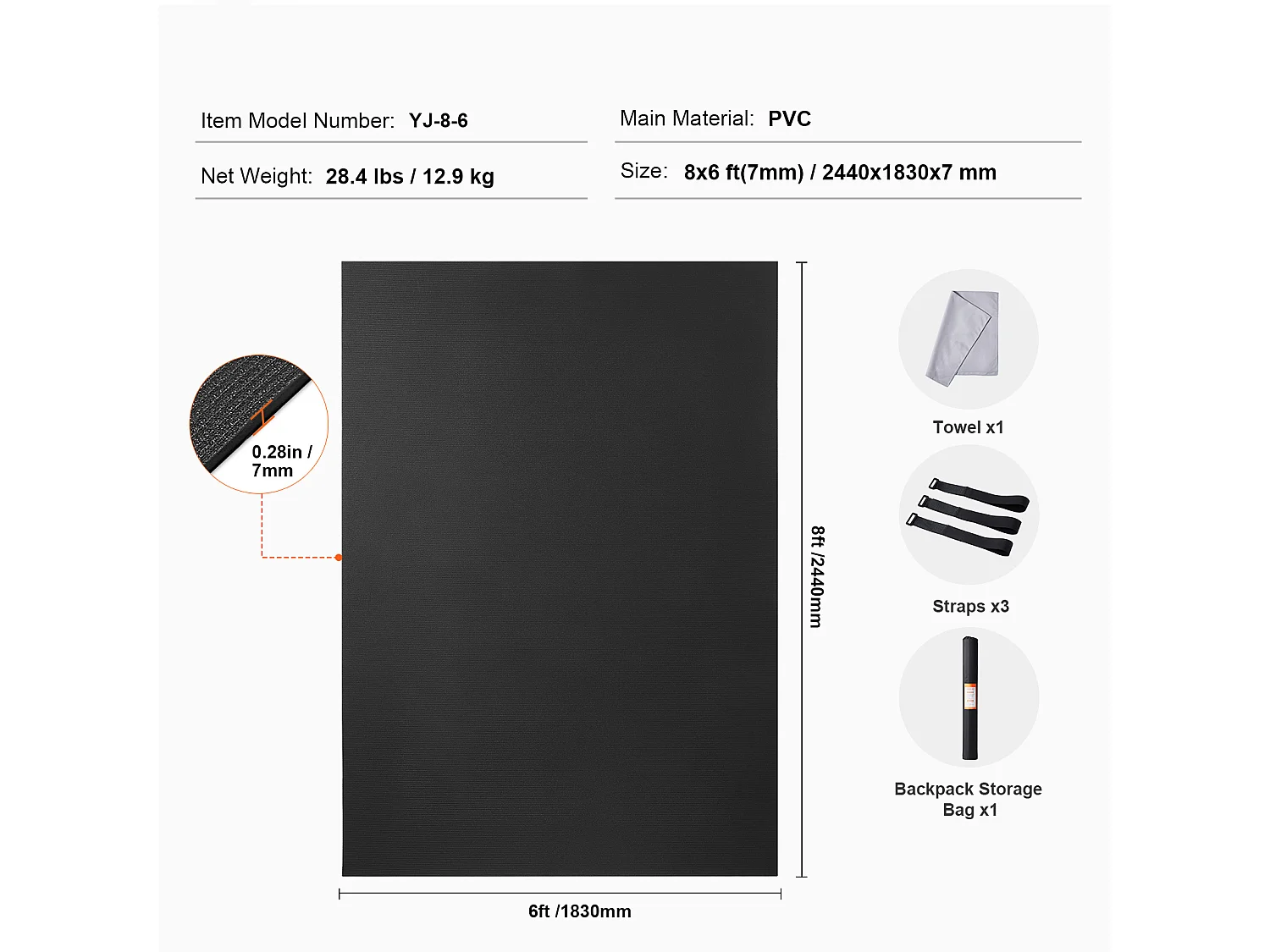 Tapis de Yoga SucceBuy, Tapis d'Exercice, 2,4 x 1,8 m, Tapis de Yoga Antidérapant, PVC, pour Yoga à Domicile, Pilates et Entraînement au Sol