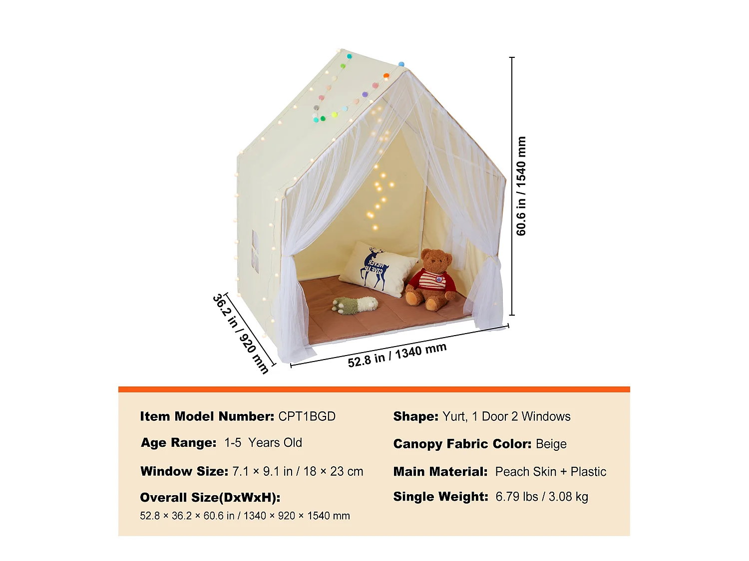 Tente de Jeu pour Enfants SucceBuy, 1 à 5 Ans, Yourte, avec Tapis et Lampe