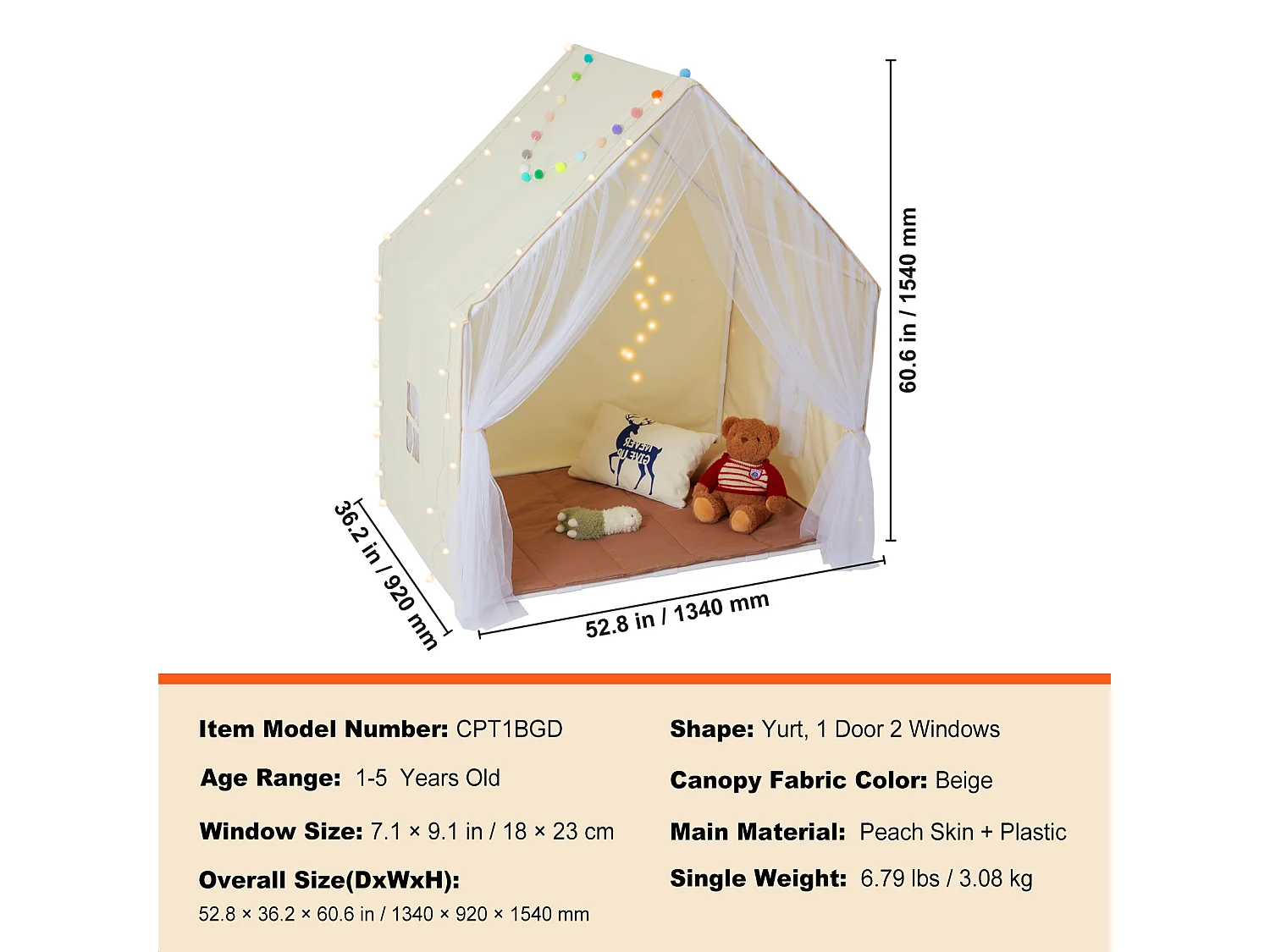 Tente de Jeu pour Enfants SucceBuy, 1 à 5 Ans, Yourte, avec Tapis et Lampe