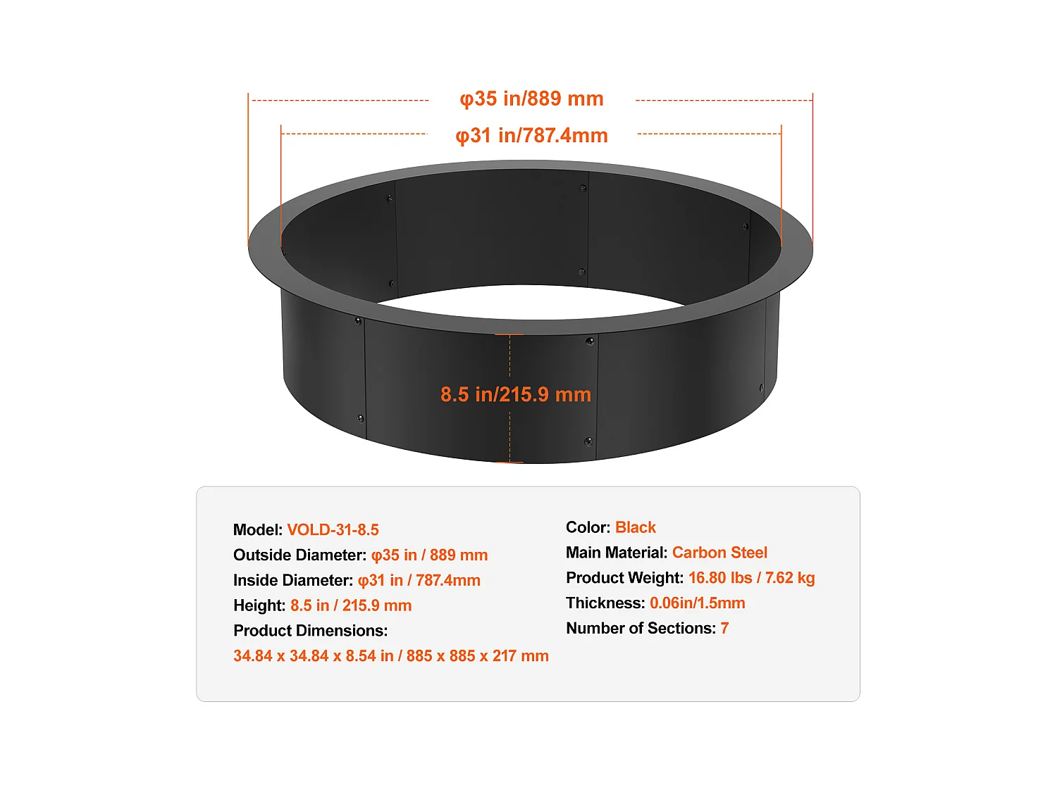 Braséro SucceBuy 889 mm, Anneau de Foyer Rond Extérieur en Acier, Doublure en Acier au Carbone Robuste, pour Camping en Plein Air