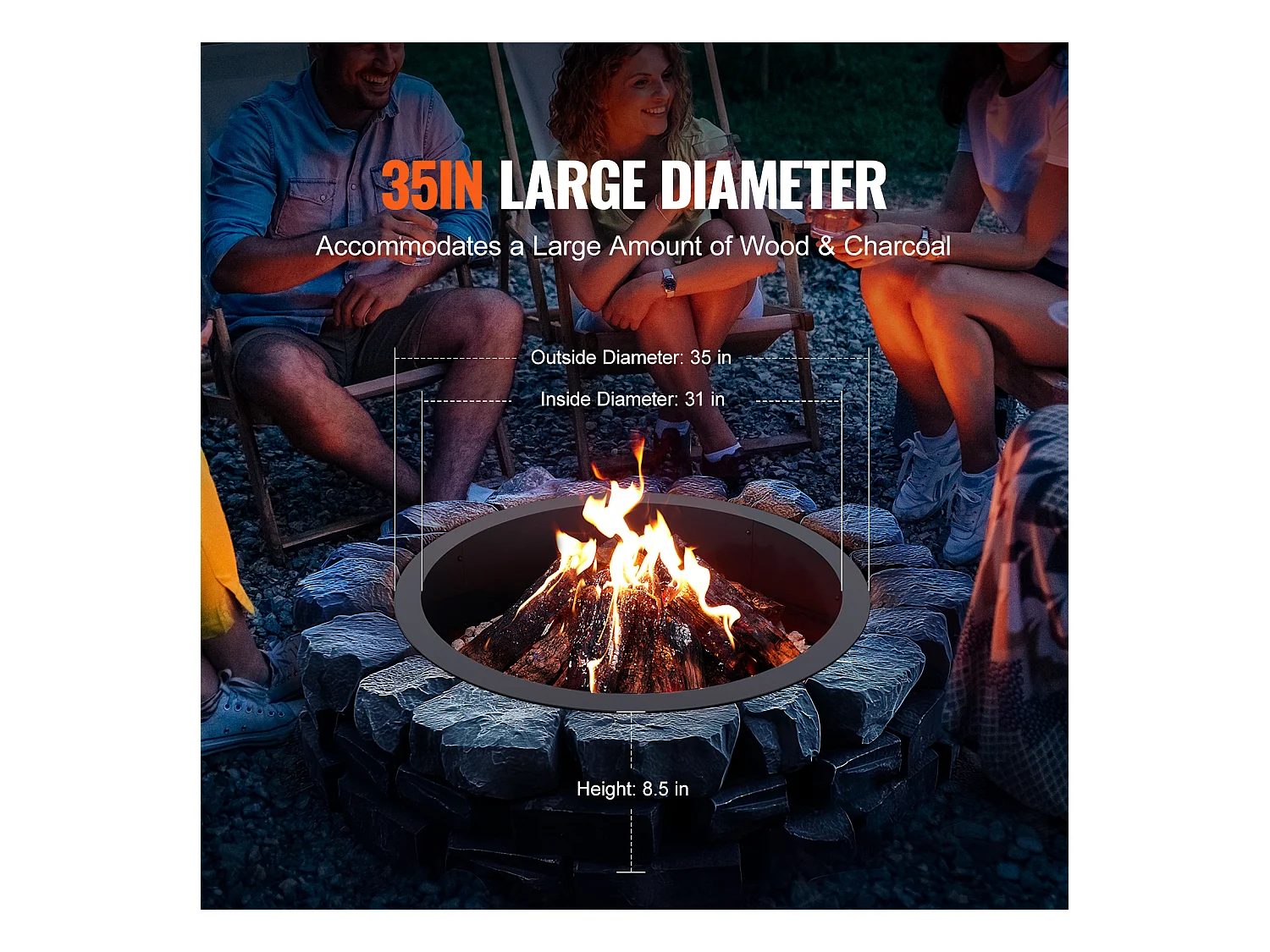 Braséro SucceBuy 889 mm, Anneau de Foyer Rond Extérieur en Acier, Doublure en Acier au Carbone Robuste, pour Camping en Plein Air