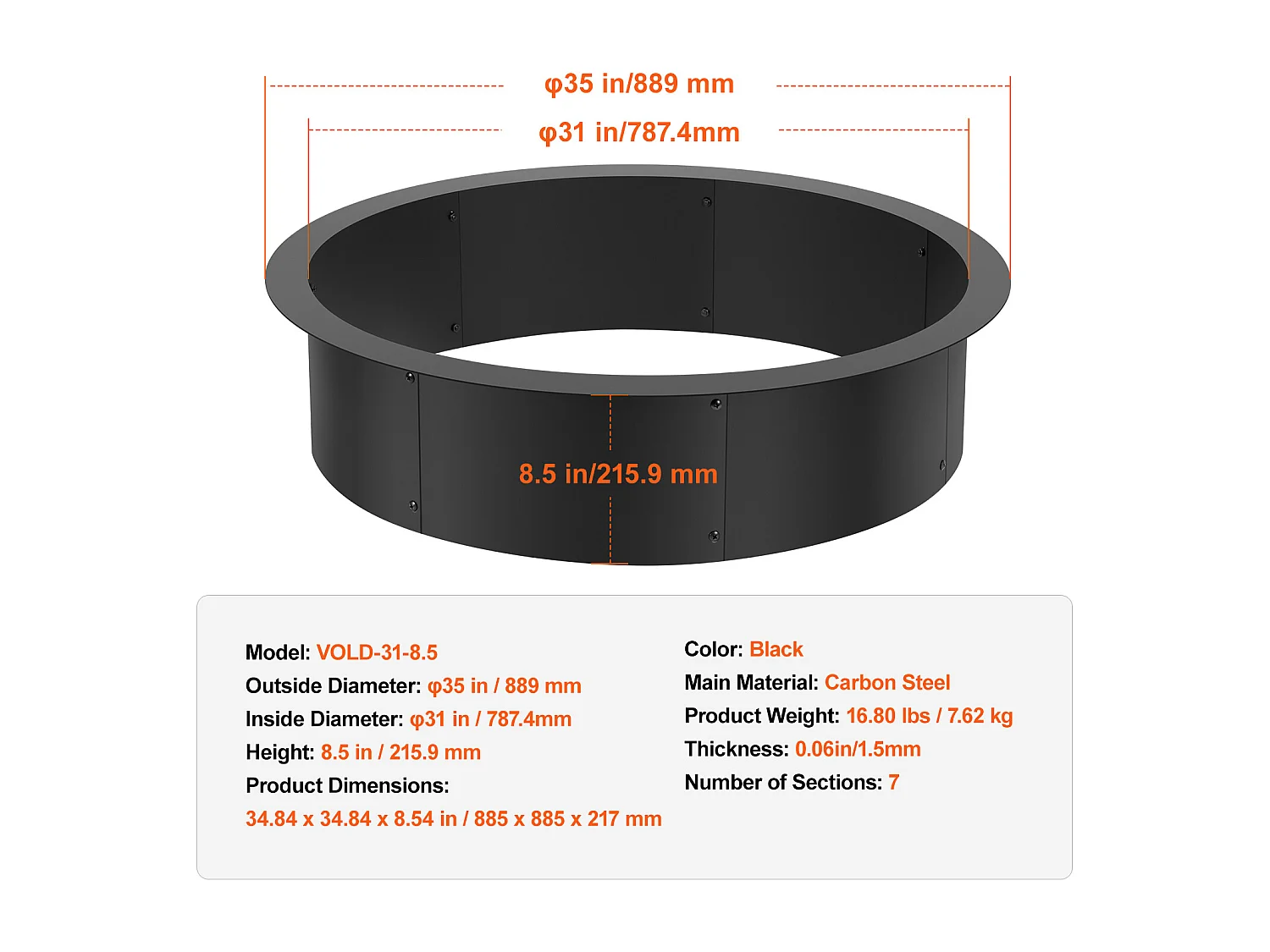 Braséro SucceBuy 889 mm, Anneau de Foyer Rond Extérieur en Acier, Doublure en Acier au Carbone Robuste, pour Camping en Plein Air