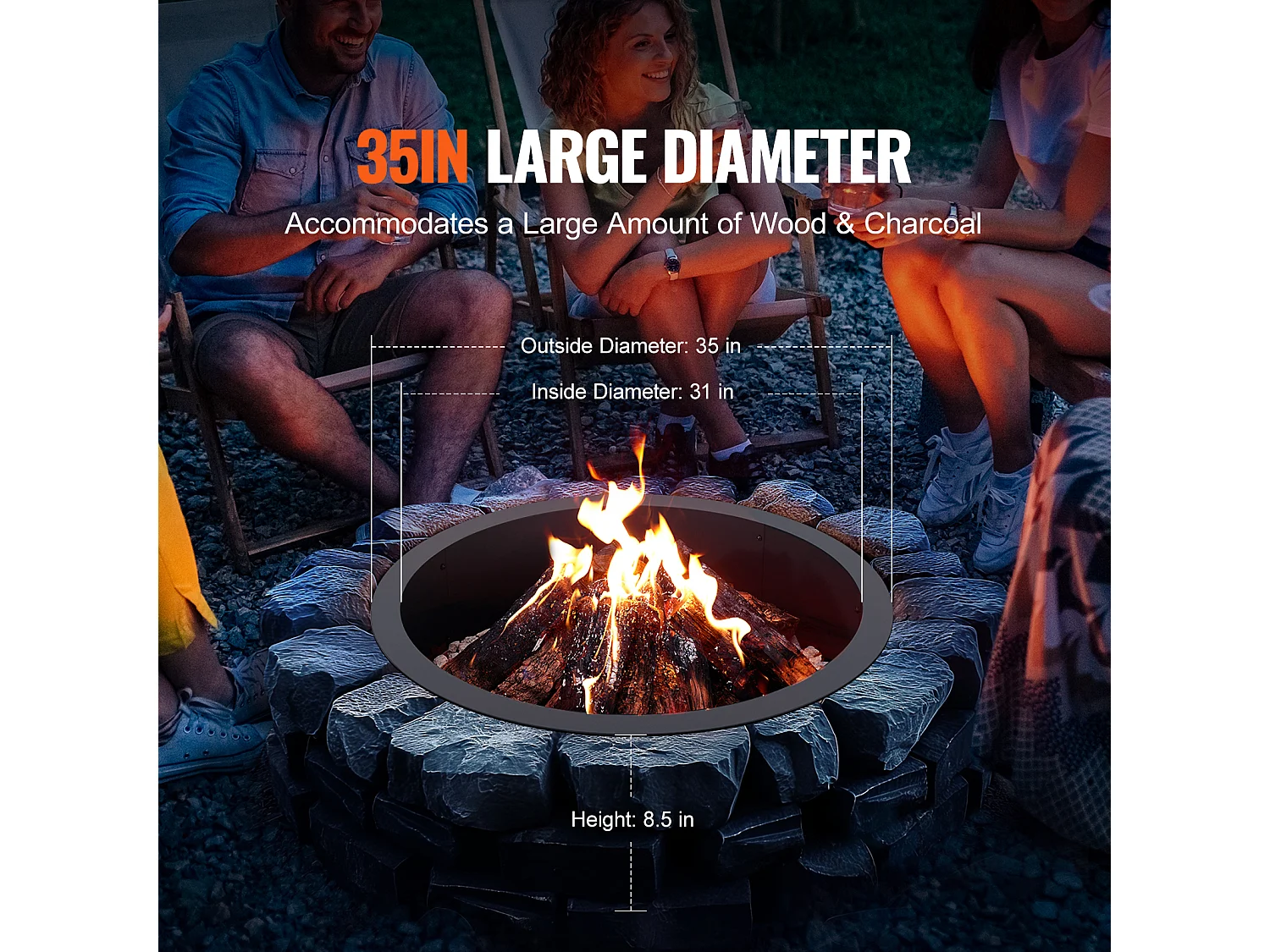 Braséro SucceBuy 889 mm, Anneau de Foyer Rond Extérieur en Acier, Doublure en Acier au Carbone Robuste, pour Camping en Plein Air