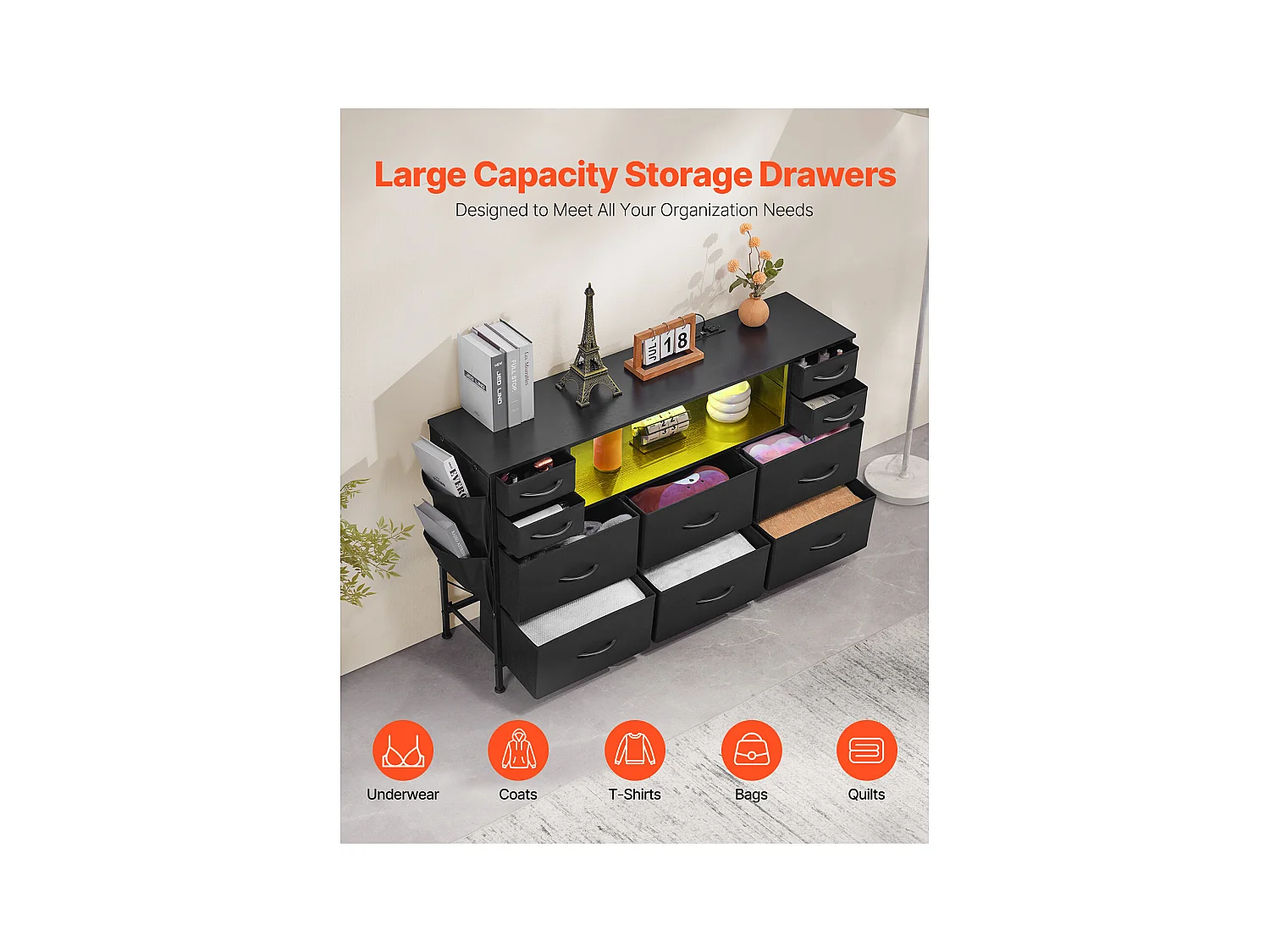 Commode Meuble de Rangement SucceBuy Commode avec 10 Tiroirs en Tissu et Éclairage LED, Idéale pour la Chambre, le Couloir ou le Placard, Noir