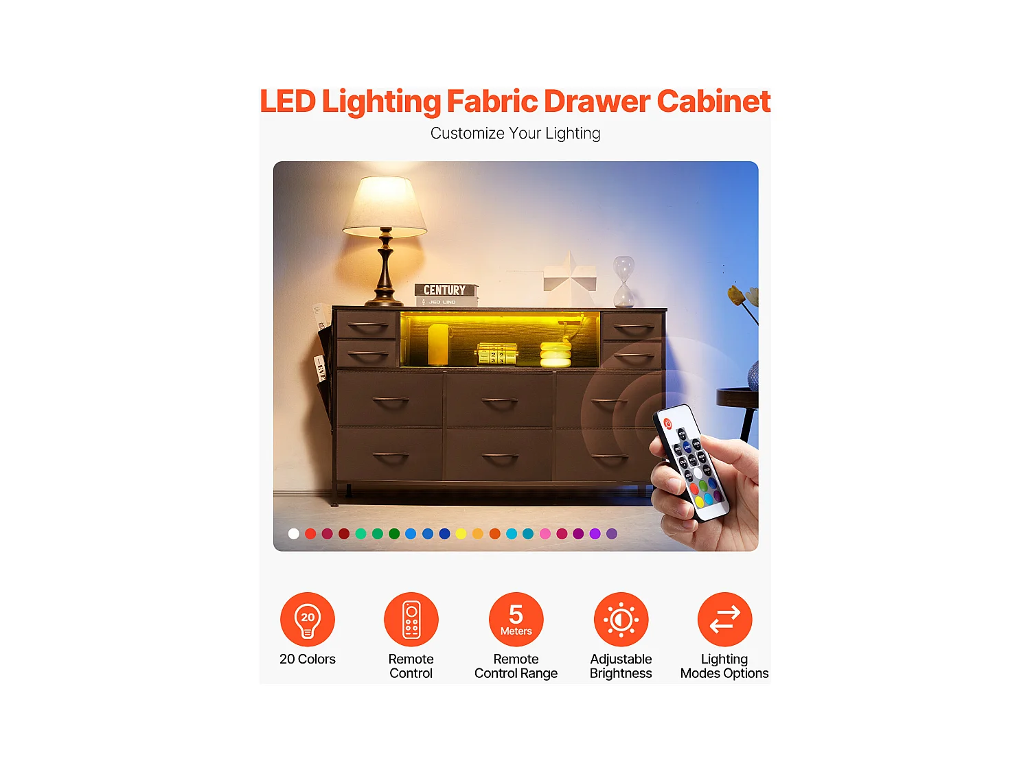 Commode Meuble de Rangement SucceBuy Commode avec 10 Tiroirs en Tissu et Éclairage LED, Idéale pour la Chambre, le Couloir ou le Placard, Noir