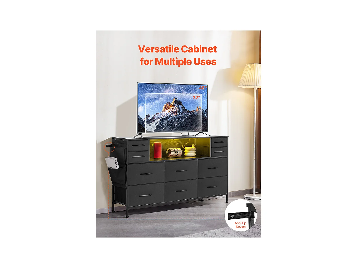 Commode Meuble de Rangement SucceBuy Commode avec 10 Tiroirs en Tissu et Éclairage LED, Idéale pour la Chambre, le Couloir ou le Placard, Noir