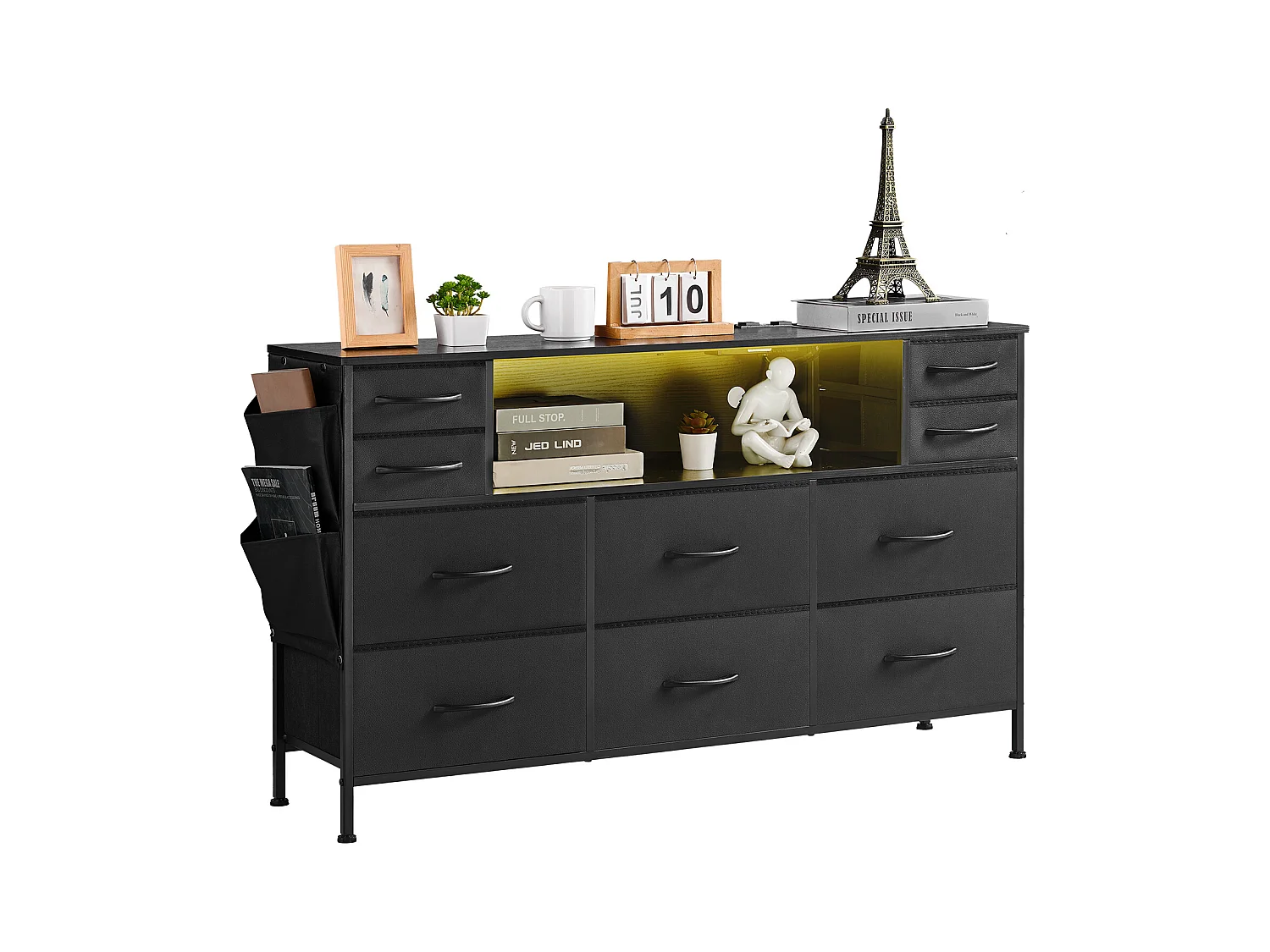 Commode Meuble de Rangement SucceBuy Commode avec 10 Tiroirs en Tissu et Éclairage LED, Idéale pour la Chambre, le Couloir ou le Placard, Noir