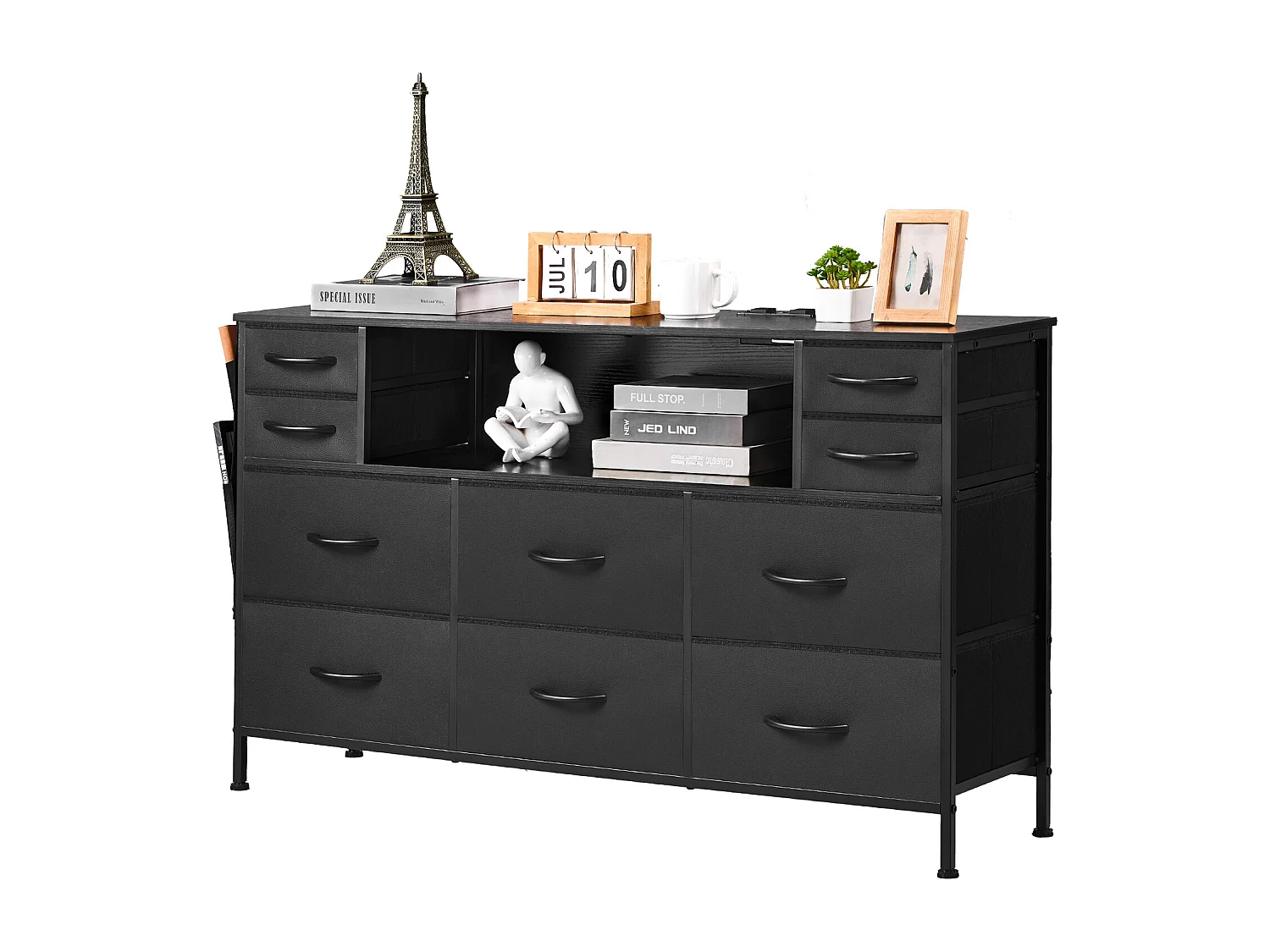 Commode Meuble de Rangement SucceBuy Commode avec 10 Tiroirs en Tissu et Éclairage LED, Idéale pour la Chambre, le Couloir ou le Placard, Noir