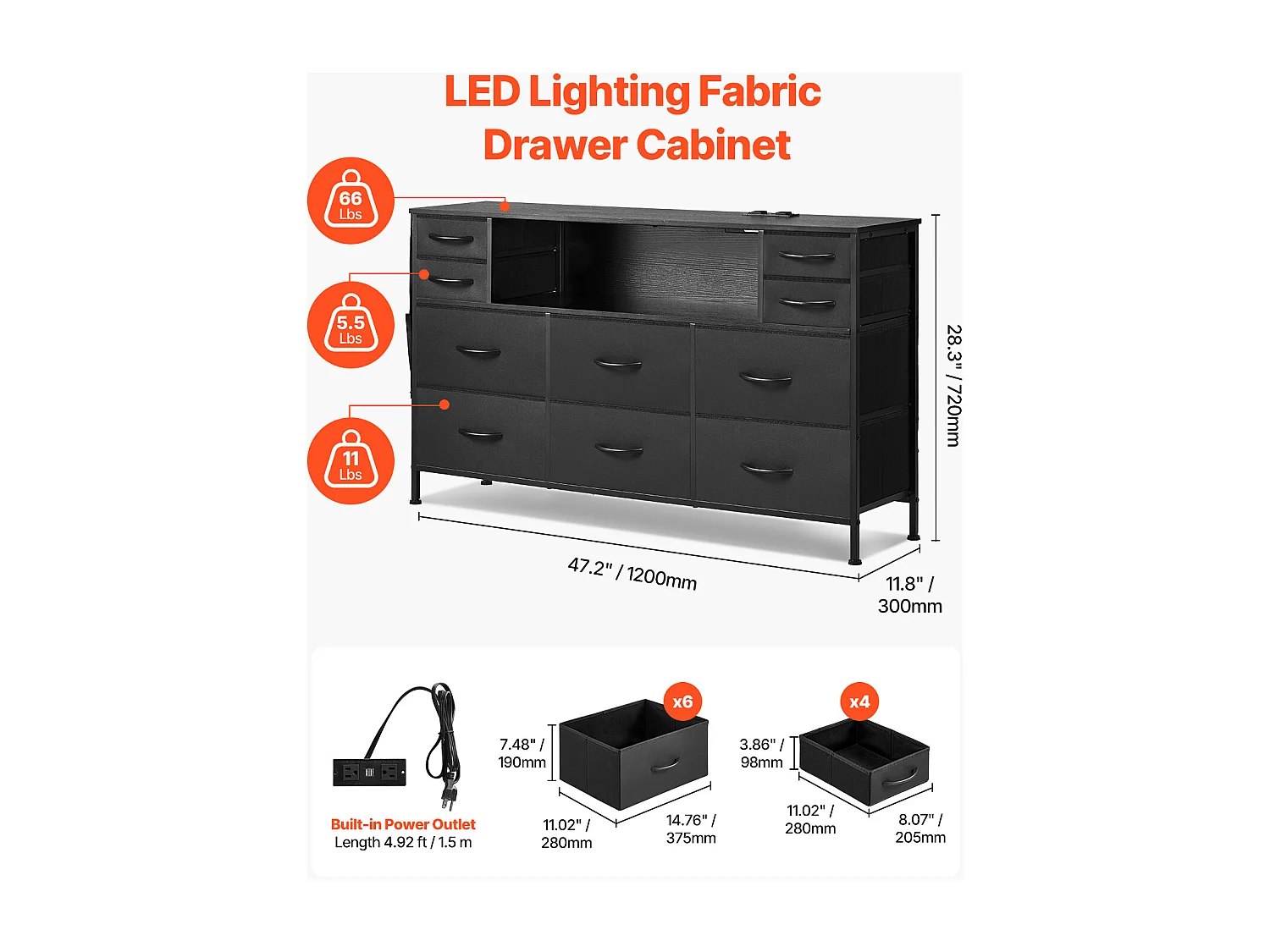 Commode Meuble de Rangement SucceBuy Commode avec 10 Tiroirs en Tissu et Éclairage LED, Idéale pour la Chambre, le Couloir ou le Placard, Noir