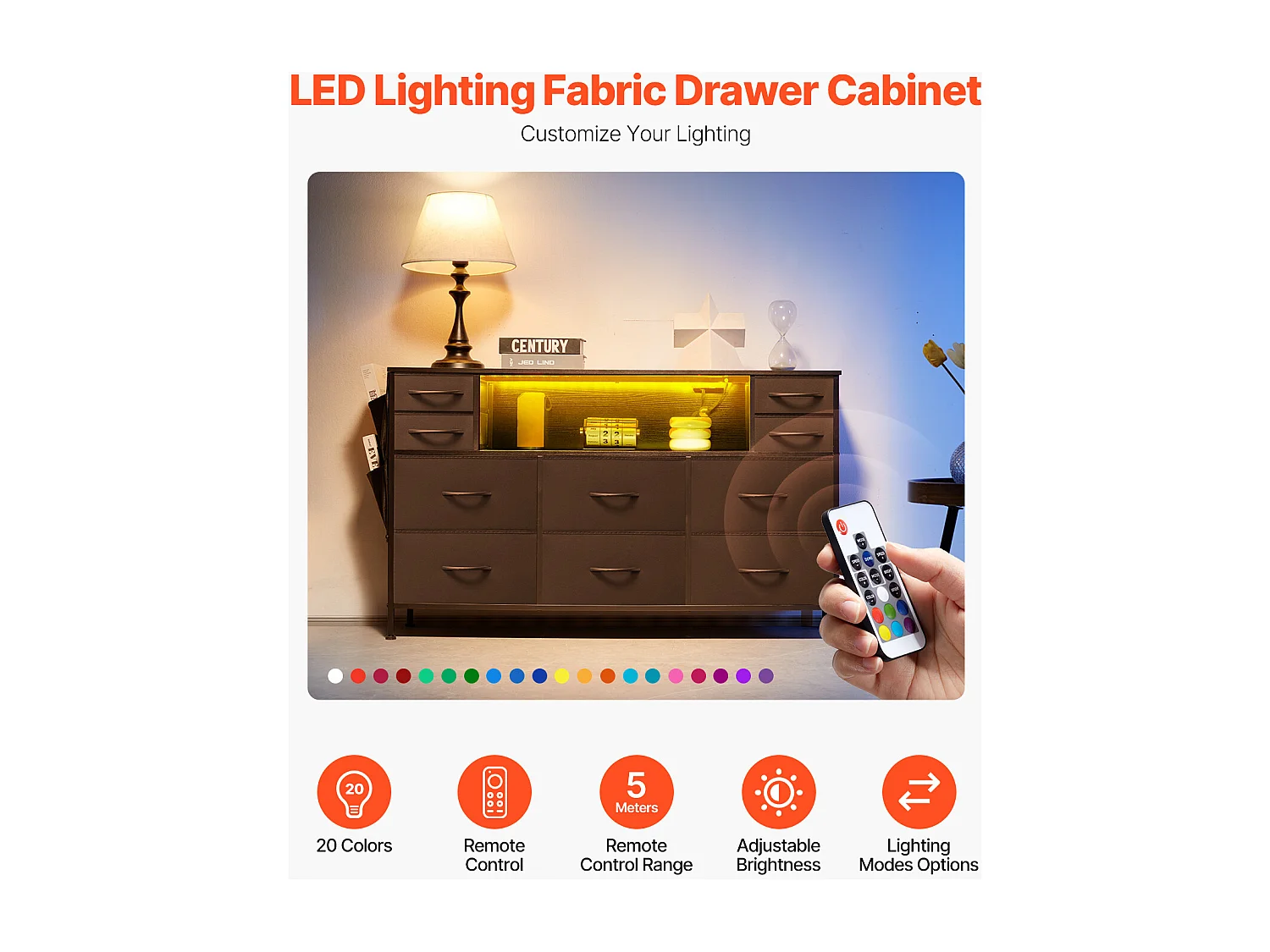 Commode Meuble de Rangement SucceBuy Commode avec 10 Tiroirs en Tissu et Éclairage LED, Idéale pour la Chambre, le Couloir ou le Placard, Noir