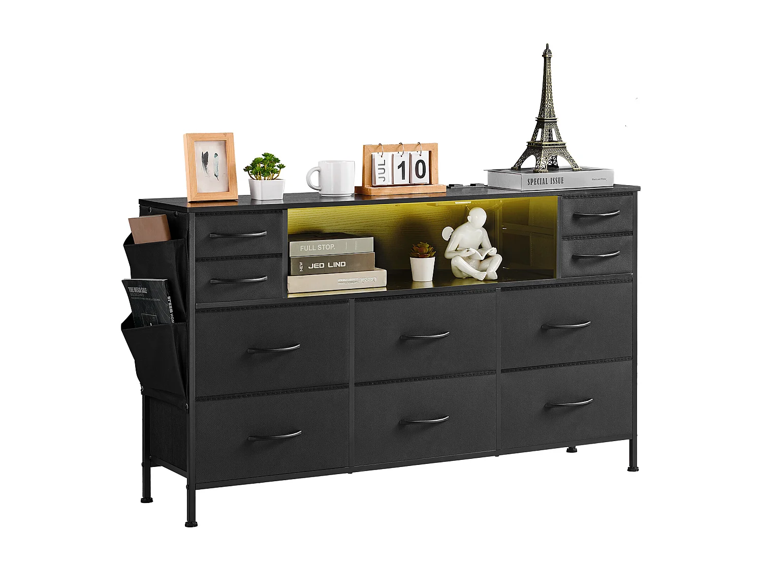 Commode Meuble de Rangement SucceBuy Commode avec 10 Tiroirs en Tissu et Éclairage LED, Idéale pour la Chambre, le Couloir ou le Placard, Noir