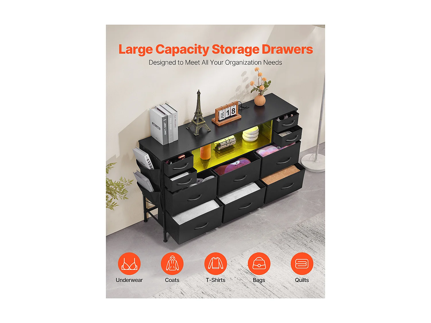 Commode Meuble de Rangement SucceBuy Commode avec 10 Tiroirs en Tissu et Éclairage LED, Idéale pour la Chambre, le Couloir ou le Placard, Noir