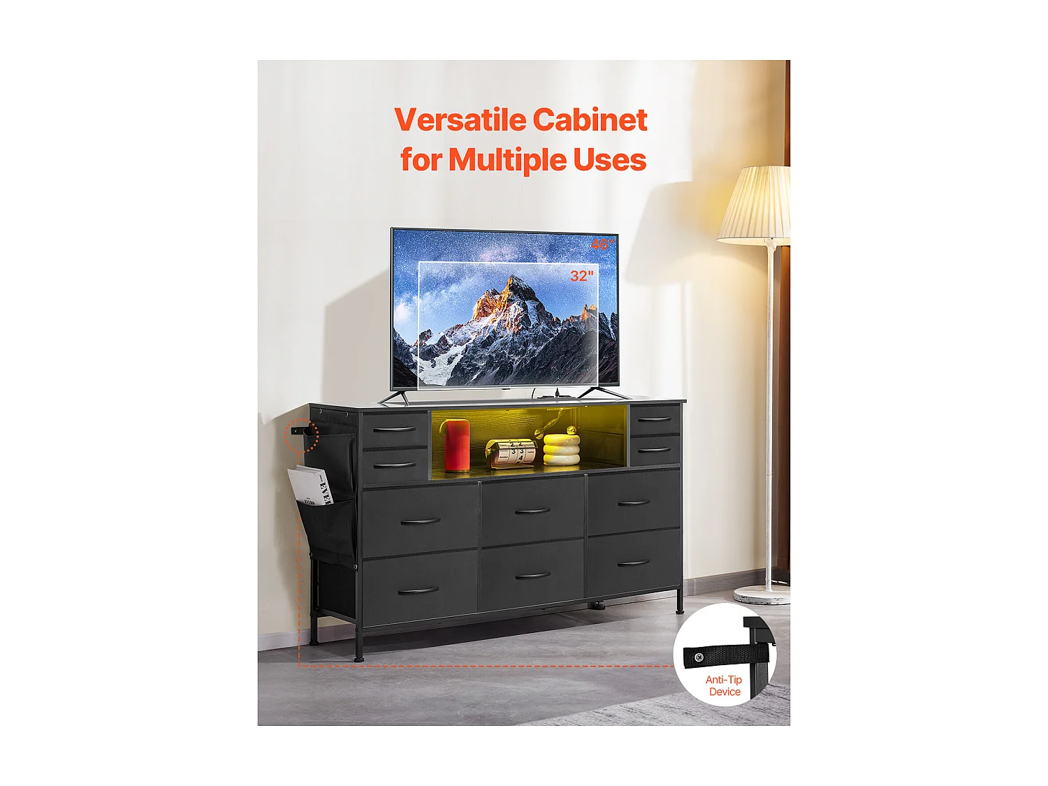 Commode Meuble de Rangement SucceBuy Commode avec 10 Tiroirs en Tissu et Éclairage LED, Idéale pour la Chambre, le Couloir ou le Placard, Noir