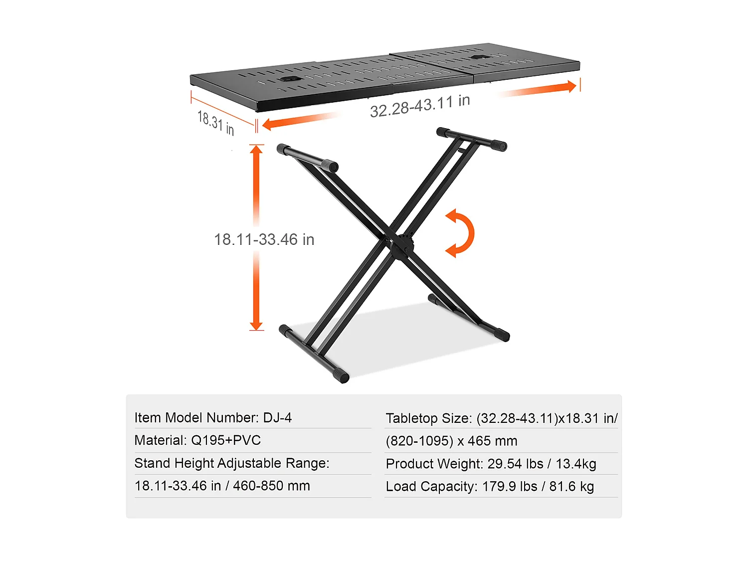 Table DJ Portable SucceBuy, Support de Clavier Double-X, Hauteur Réglable, Support de Mixage Audio, (820-1095) x 465 mm
