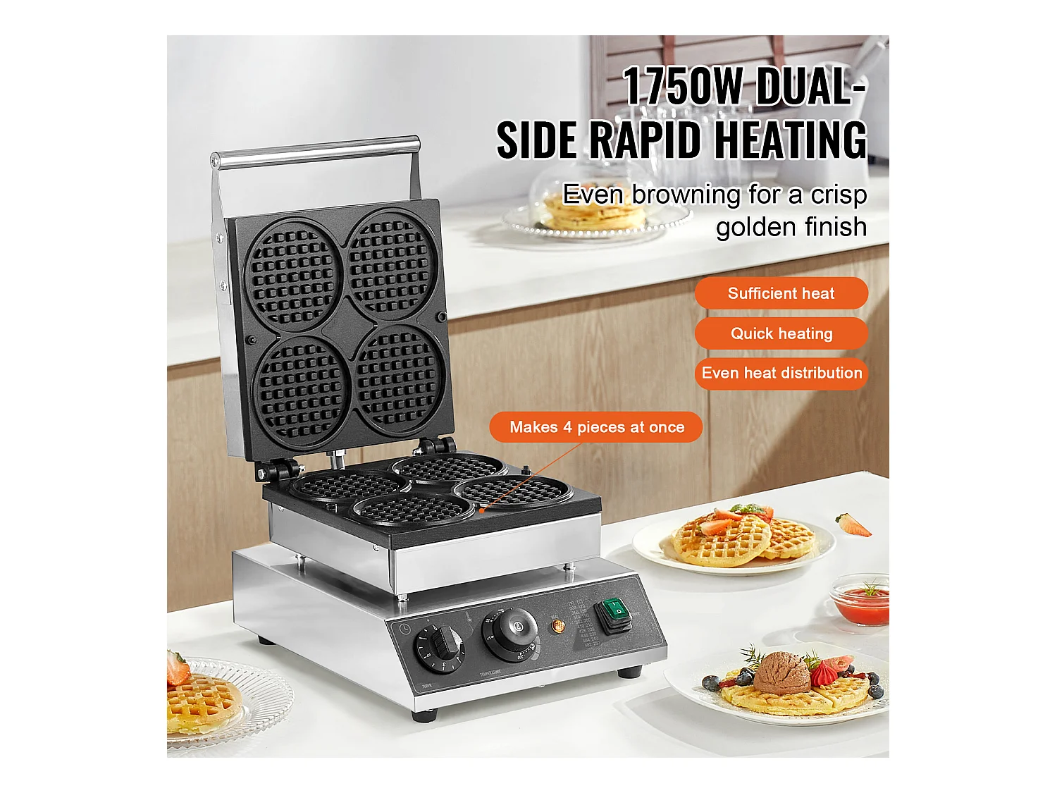 Gaufrier Commercial SucceBuy 4 Pièces 1750 W Rond Antiadhésif